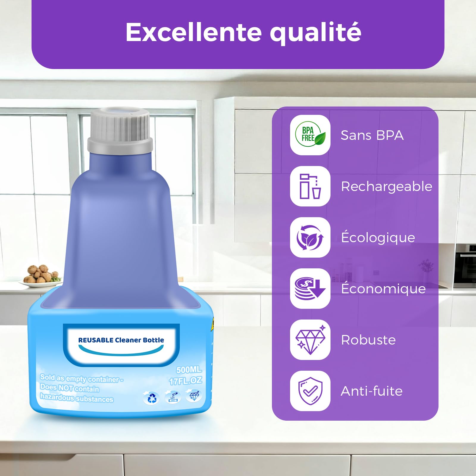 Bouteille Rechargeable pour Mop Swiffer® WetJet™, Bouteille de Recharge Étanche en PEHD pour Solution Nettoyante avec 8 Joints en Silicone et 1 Entonnoir Pliable, 500ml/17oz (Vide)