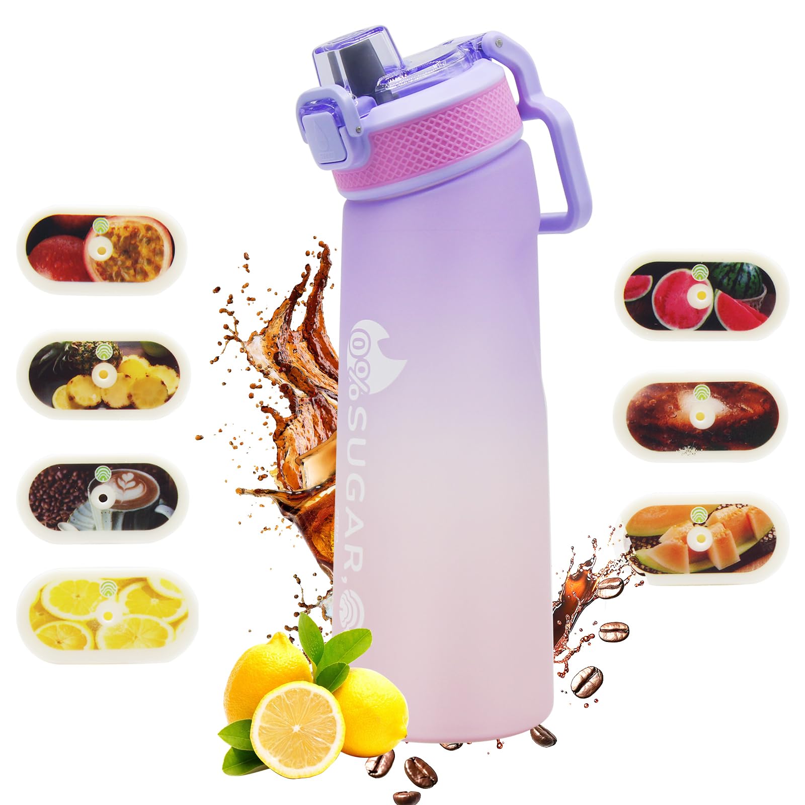 Farmty 720ml Water Bottle, Scented Water Bottle with 7 Pods, 0 Sugars and Water Cup with Straw for Gym and Outdoor Activities (Purple)