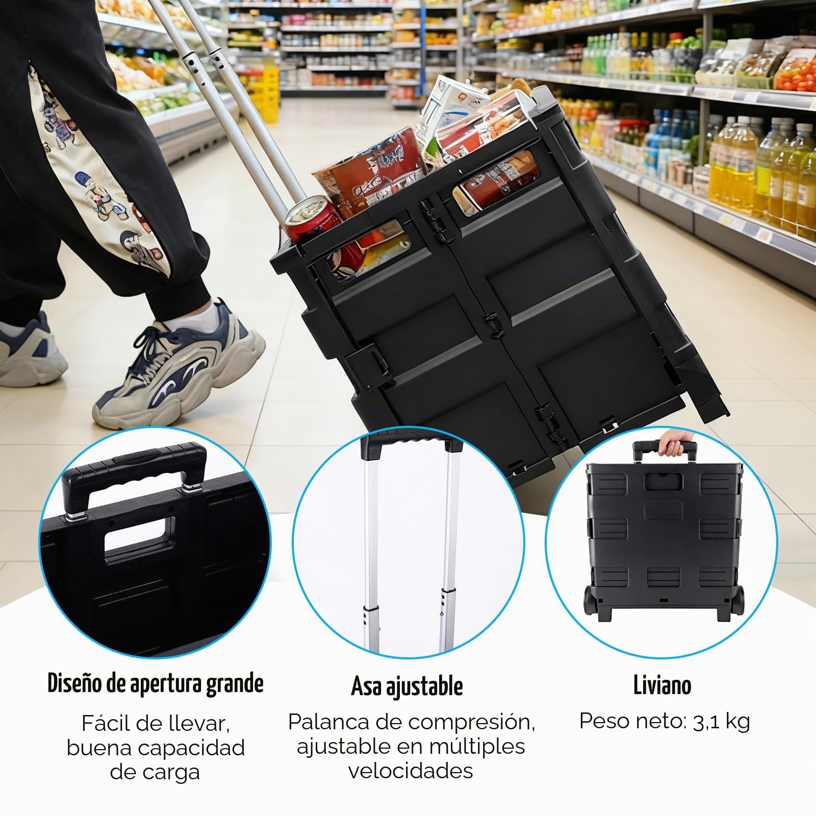 Carro Compra Plegable 45L con Tapa y Asa Telescópica – Carro Plegable con Ruedas para Supermercado, Camping y Mercado – Carrito de la Compra con Capacidad 25 kg