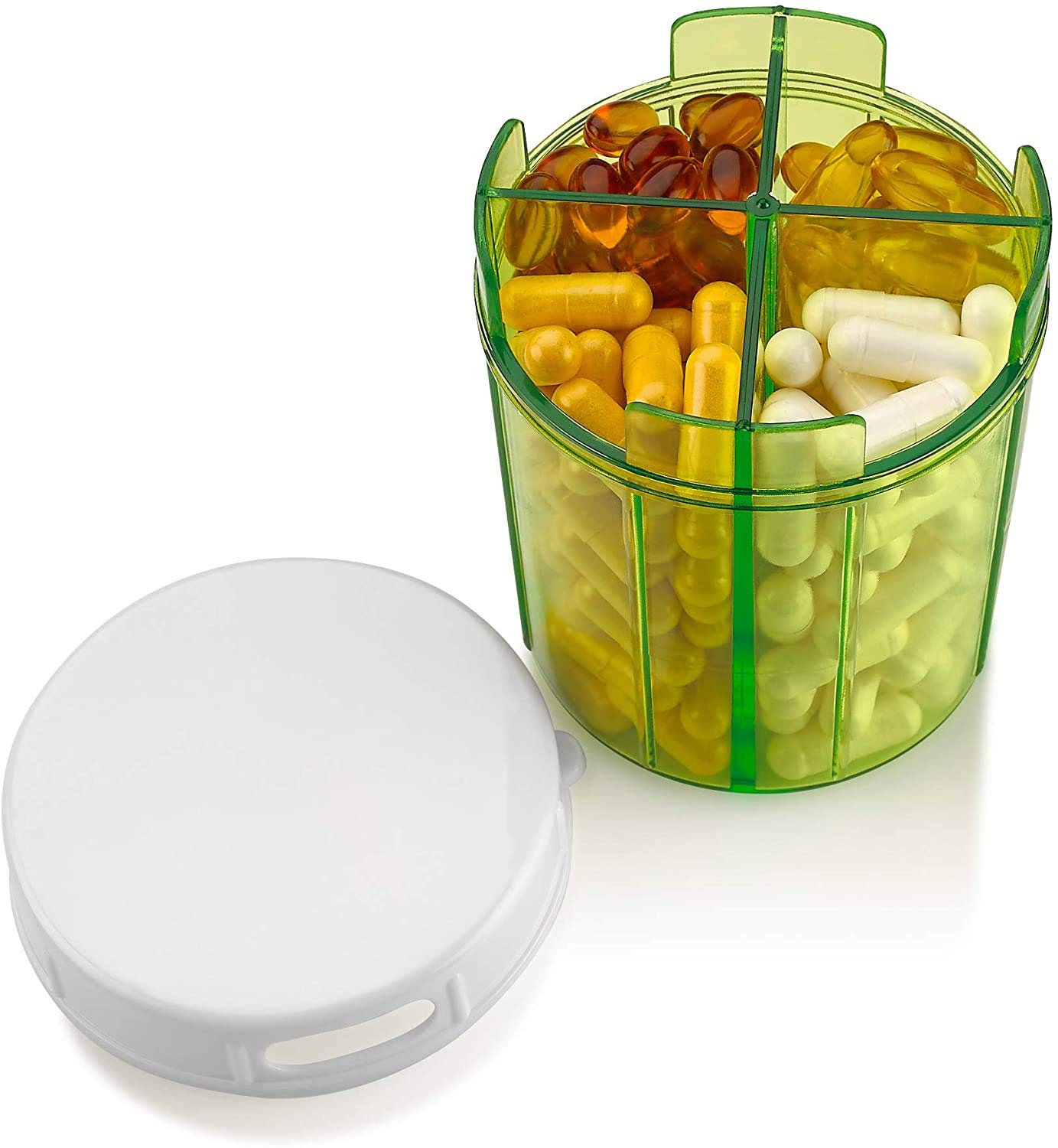 Dispensador de pastillas con cuatro compartimientos, para medicamentos, vitaminas y suplementos. Botella redonda, de MEDca