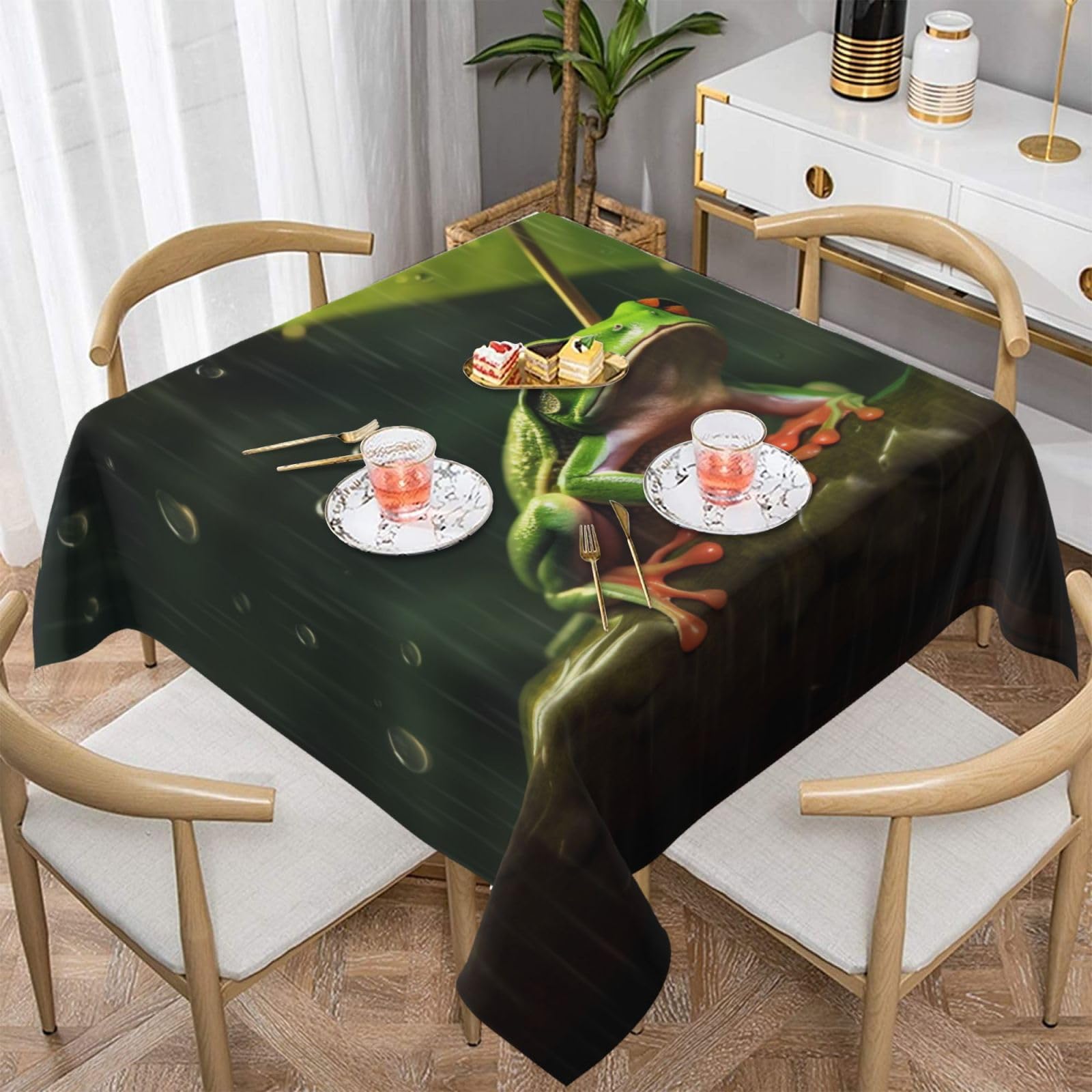 WPKJU Frog and Rain Printed Square Tablecloth 60x60 inch Water Resistant Table Cover Washable Rectangle Table Cloth for Dining Tables