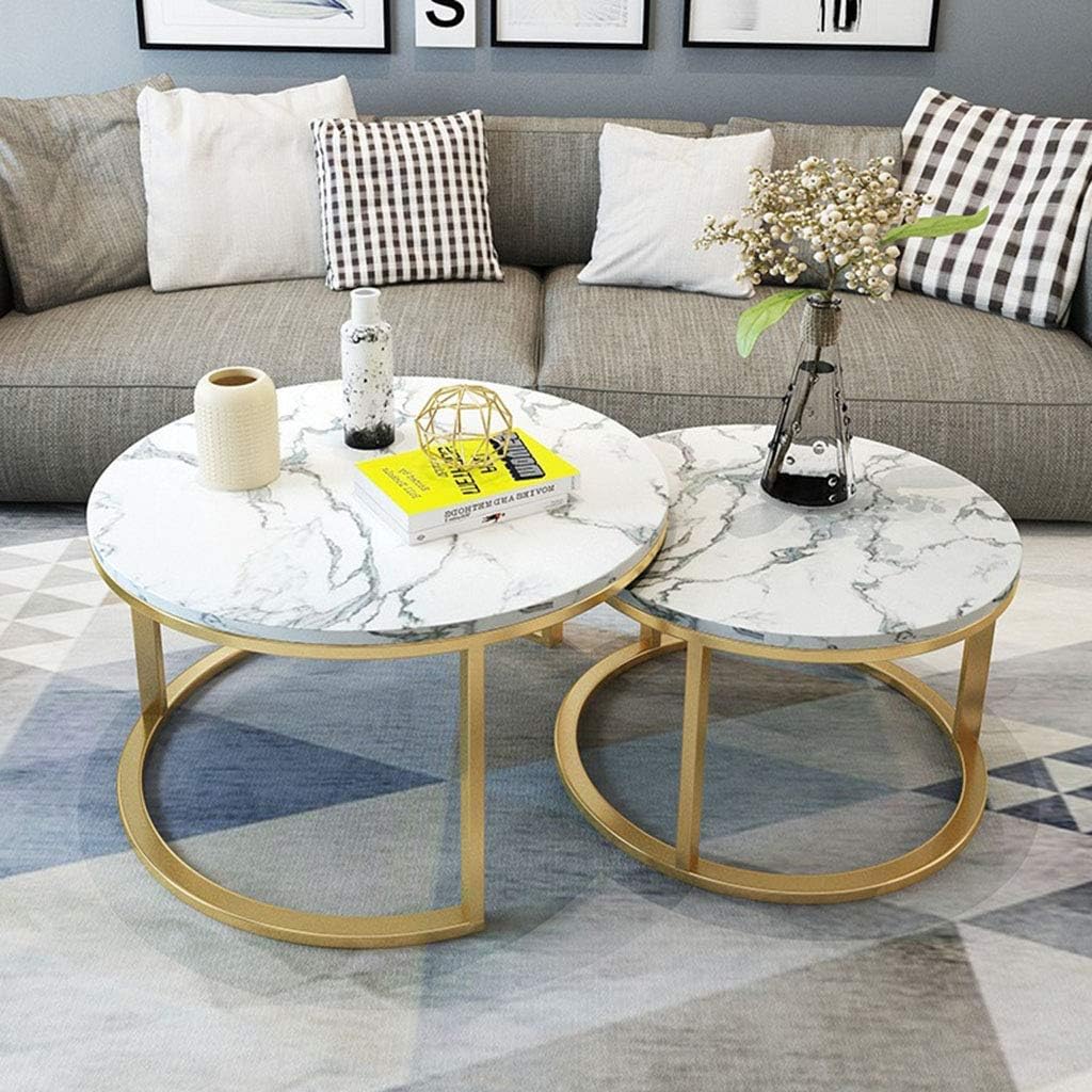 Home Décor Furniture Leisure Nesting Coffee End Tables Marble Modern Furniture Decor Side Table for Living Room Balcony Home and Office, Gold and White Living Room or Lounge