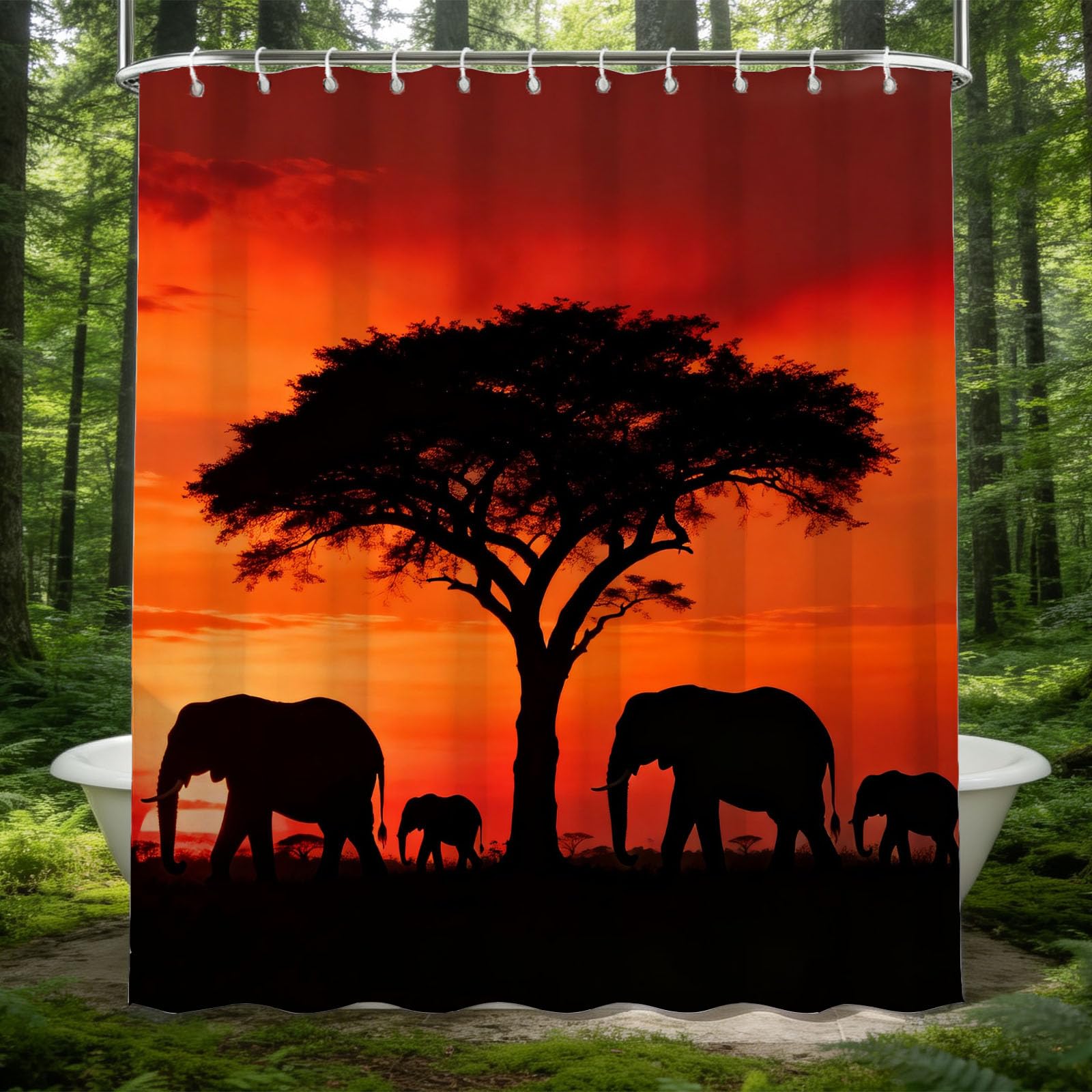 Hongduo 3D Elephant Silhouette Shower Curtain for Stalls Bathtubs Grassland Bathroom Decor Shower Curtain Set Polyester Fabric Waterproof 180x180cm/71X71 Inch with Hooks