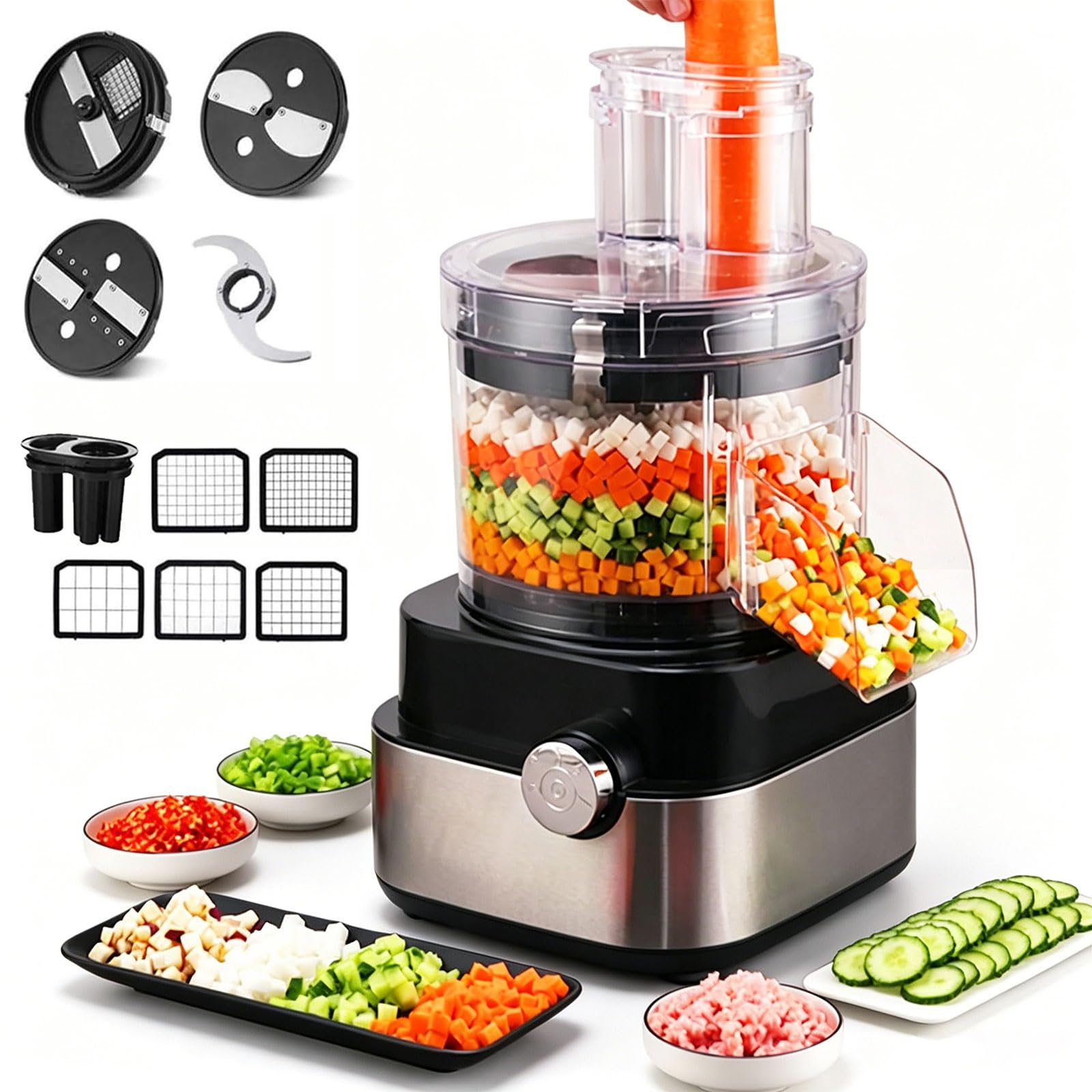 Cortador de Verduras electrico espiralizador de Verduras, Gran Capacidad de 5000 ml, 4 Cuchillas y 5 Rejillas de Corte, válido para Uso doméstico y Comercial Diario