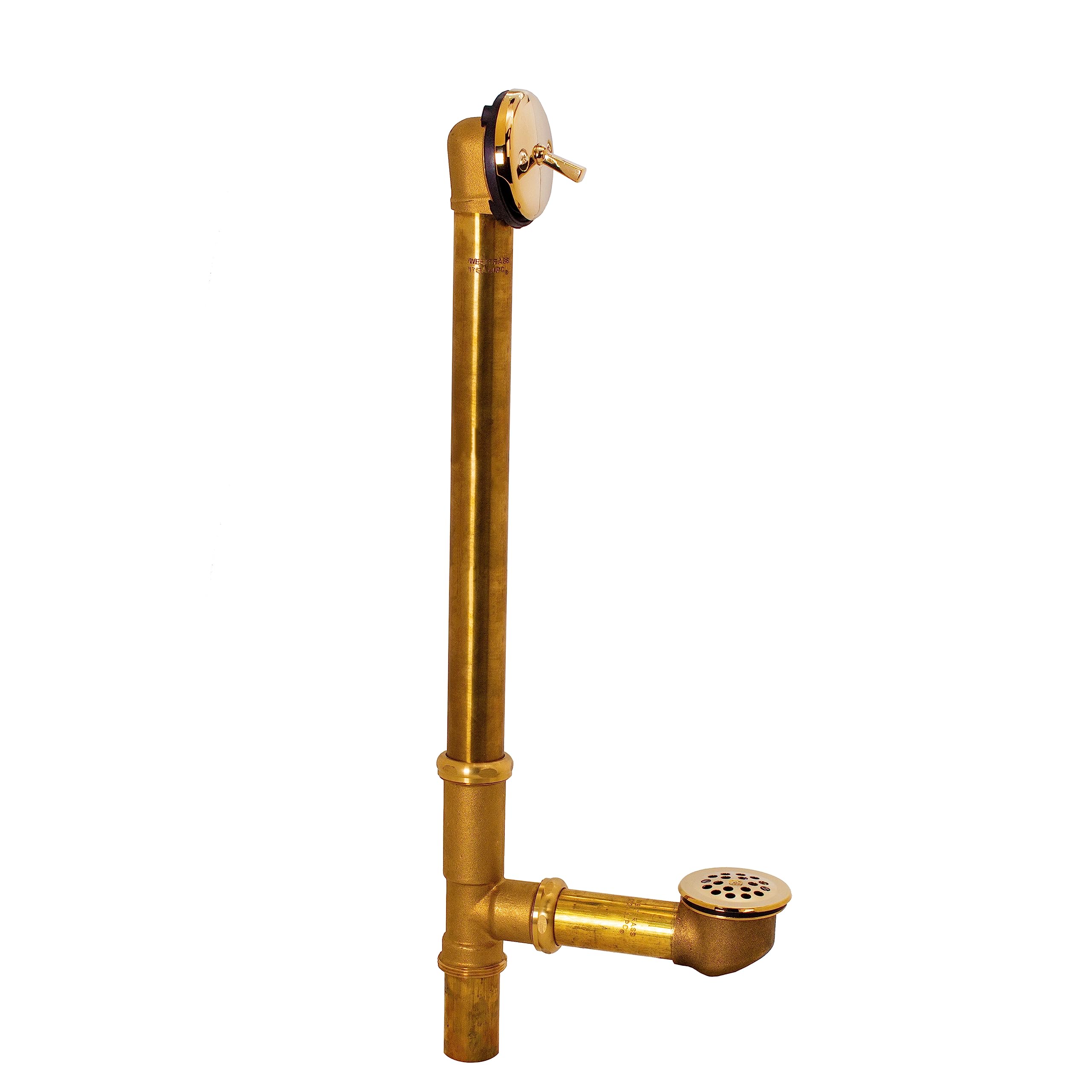 westbrass d324-01 22-1/2-inch 17 gauge brass trip lever bath waste and overflow with grid drain, polished brass