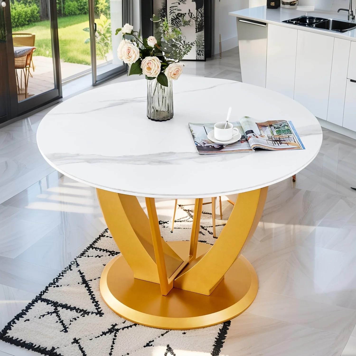 SEE DESCRIPTION Round Dining Table for 4, 47" White Faux Marble Dining Table,Modern Kitchen Table with Gold Pedestal Base,Stable Structure for Dining Room