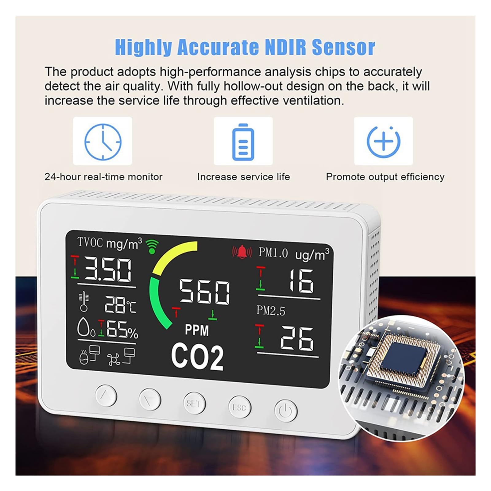 Monitor jakości powietrza w pomieszczeniach Wi-Fi Inteligentny monitor jakości powietrza Miernik NDIR CO2 6 w 1 Cyfrowy czujnik temperatury i wilgotności do domu, kuchni, biura, samochodu