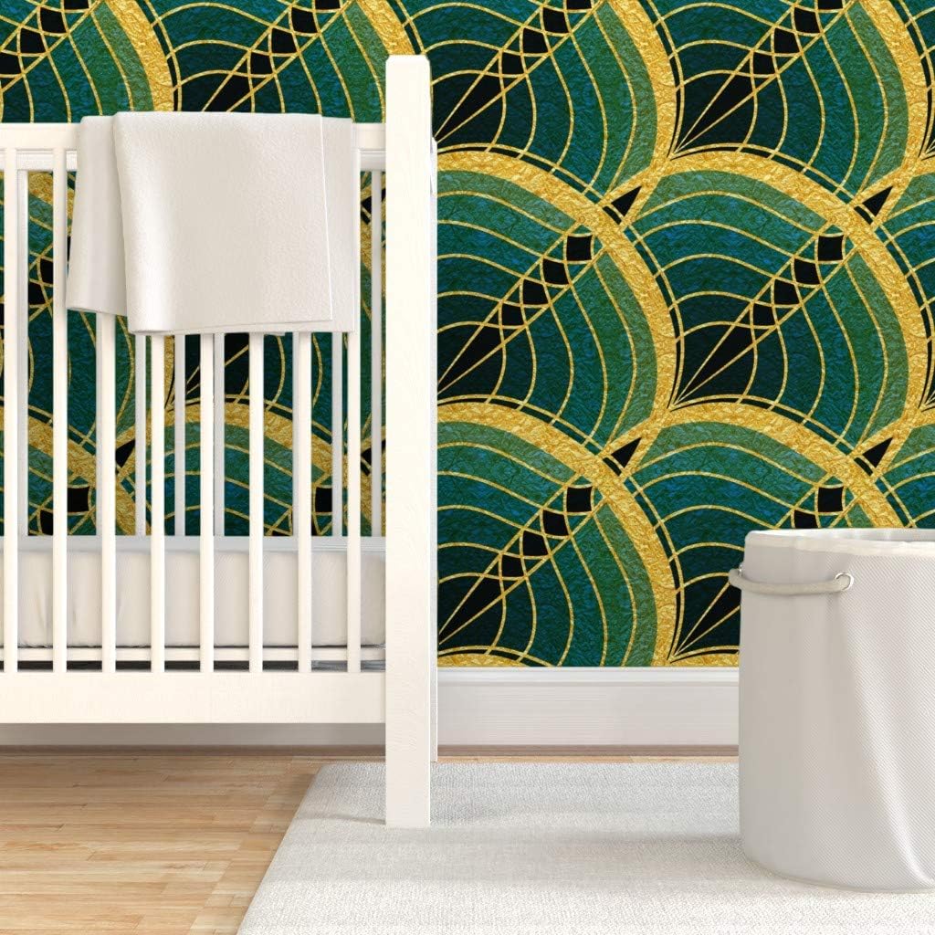 Spoonflower Peel & Stick Wallpaper 3ft x 2ft - Gold Art Deco Wave Cyan Teal Tile Deep Blue Midnight Green Black Pattern Custom Removable Wallpaper