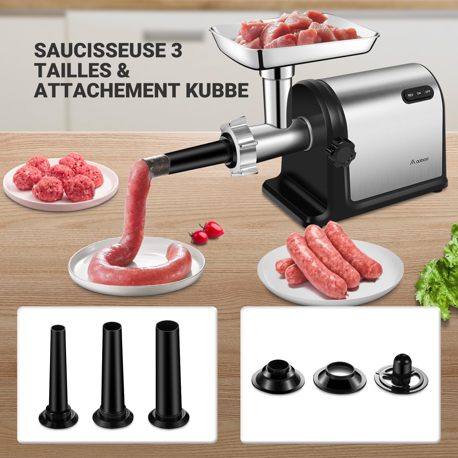 Hachoir a viande AOBOSI 3-IN-1 Hachoir à viande électrique avec 3 plaques de coupe en inox, 1 Kubbe et 3 tubes de remplissage pour saucisses, moteur [3000w Max], Hachoir avec lames.