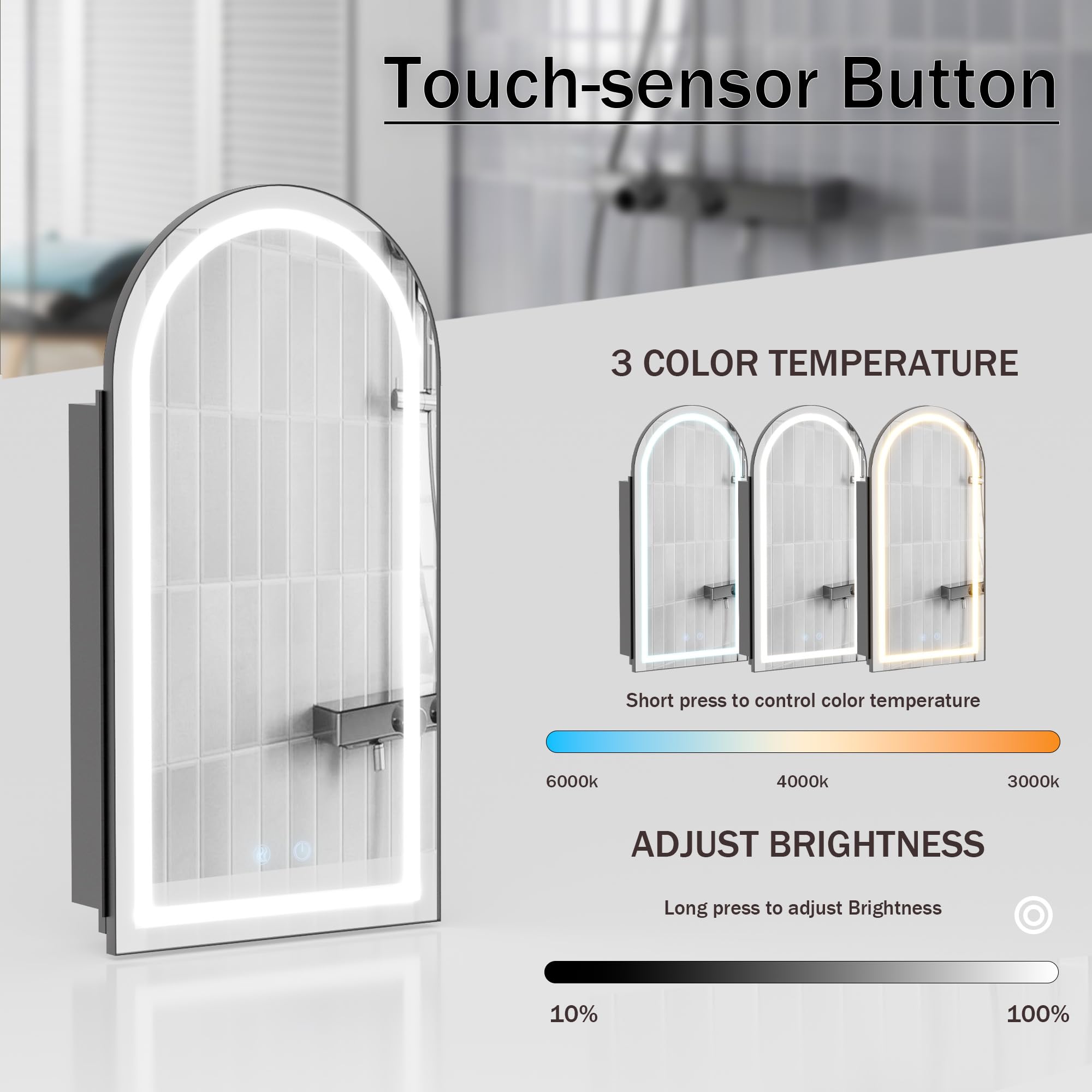 Specchio Contenitore Bagno con Luce e Antiappannamento Arcuata Metal Armadietto Bagno a Parete con 2 Mensola (Nessun assemblaggio richiesto) Specchio Contenitore Bagno 40x79x12.5 cm