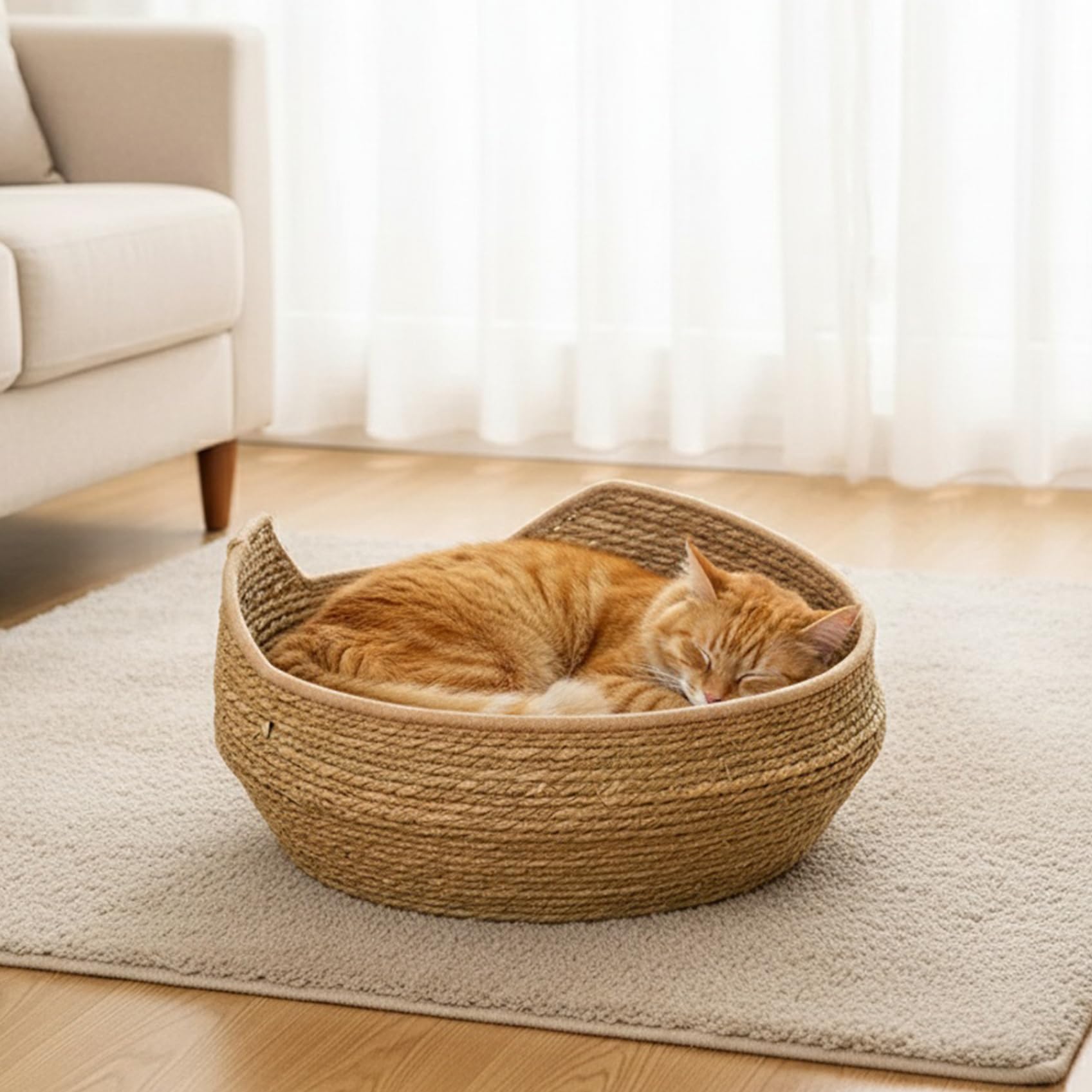 Cuccia per gatti rotonda in rattan da 17 pollici con cuscino in cotone lavabile