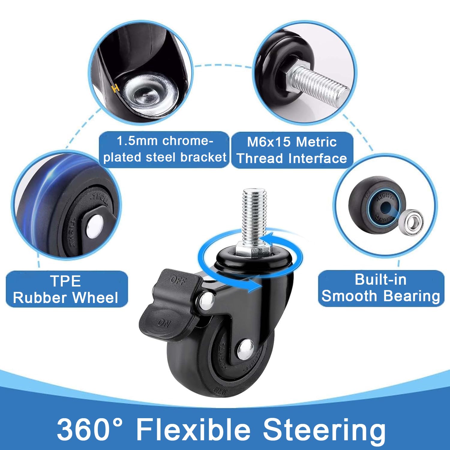 1.25/1.5/2" Heavy Duty Stem Caster Wheel,Set of 4 Brake Casters,M6x15 Threaded Swivel Castors,Black TPE Rubber Castor Wheel for Industrial & Furniture and Shelves Use (M6x15, 2in)