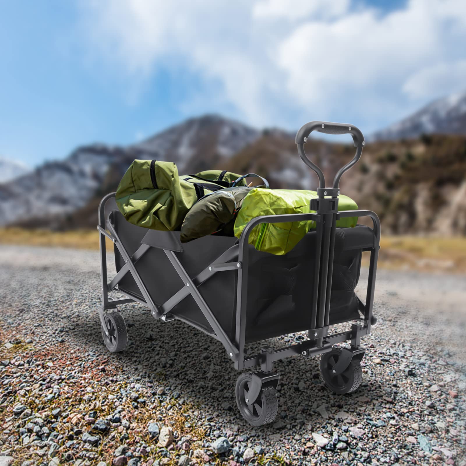 Faltbarer Handwagen - Klappbarer Bollerwagen für Garten, Strand und Camping - Outdoor Transportkarre mit Gummirädern - Verstellbarer Griff und 2 Getränkehalter - Bis zu 80kg Tragkraft