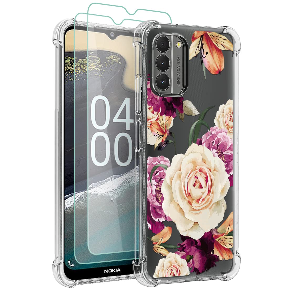 Osophterfor Nokia G400 5G Case,Nokia G400 Case Women Girls Flower Floral with 2pcs Screen Protector Shock-Absorption Flexible TPU Rubber Phone Cover for Nokia G400 5G Phone(Purple Flower)