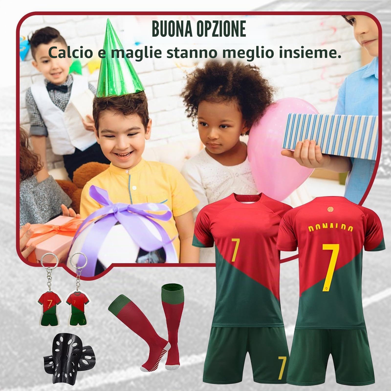 Pardofelis Set di maglia da calcio per bambini, maglia n. 7, maglietta da calcio con pantaloncini, calzini e ginocchiere, set da calcio per esterni, rosso verde, 22, Rosso Verde, 22