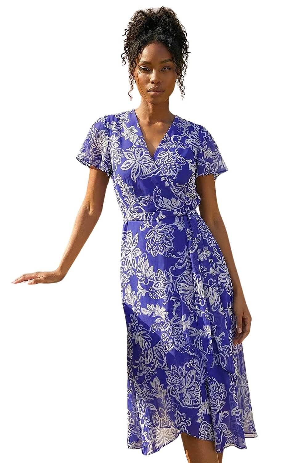 Roman Frill Dress for Women UK Ladies Summer Wrap Chiffon Frill Hem Layered Belted Midi Maxi Tiered Cape Special Occasion Fit & Flare Wedding Guest Swing Skater