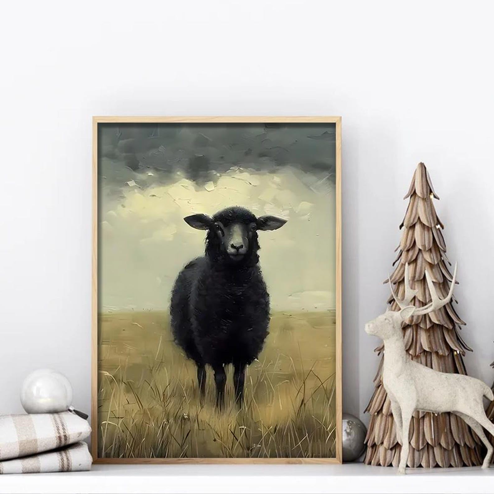CAOXTART Nowoczesny minimalistyczny wystrój domu, czarna owca plakat z nadrukiem na płótnie: rustykalny dom sztuka ścienna vintage rustykalny obraz zwierzęcy (70 x 110 cm/rama wewnętrzna)