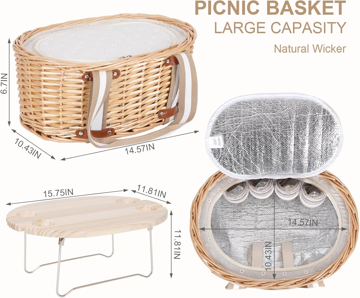 Picnic Basket Set for 4 - Wicker Insulated Picnic Basket with Folding Wine Table, Wine Picnic Kit with Liner for Couples, Camping, Outdoor, Valentine (WhiteFlower) - Image 3