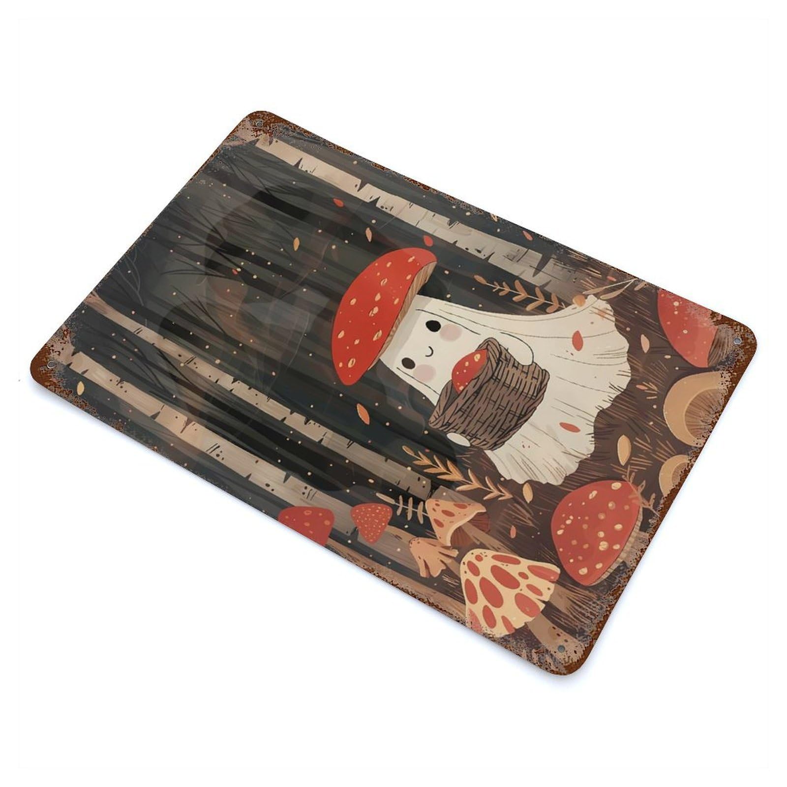 Distressed Metal Wall Sign Autumn Ghost Collecting Mushrooms 11.8"x7.9", Vintage Wall Decor for Garage, Bar And Workshop Decor