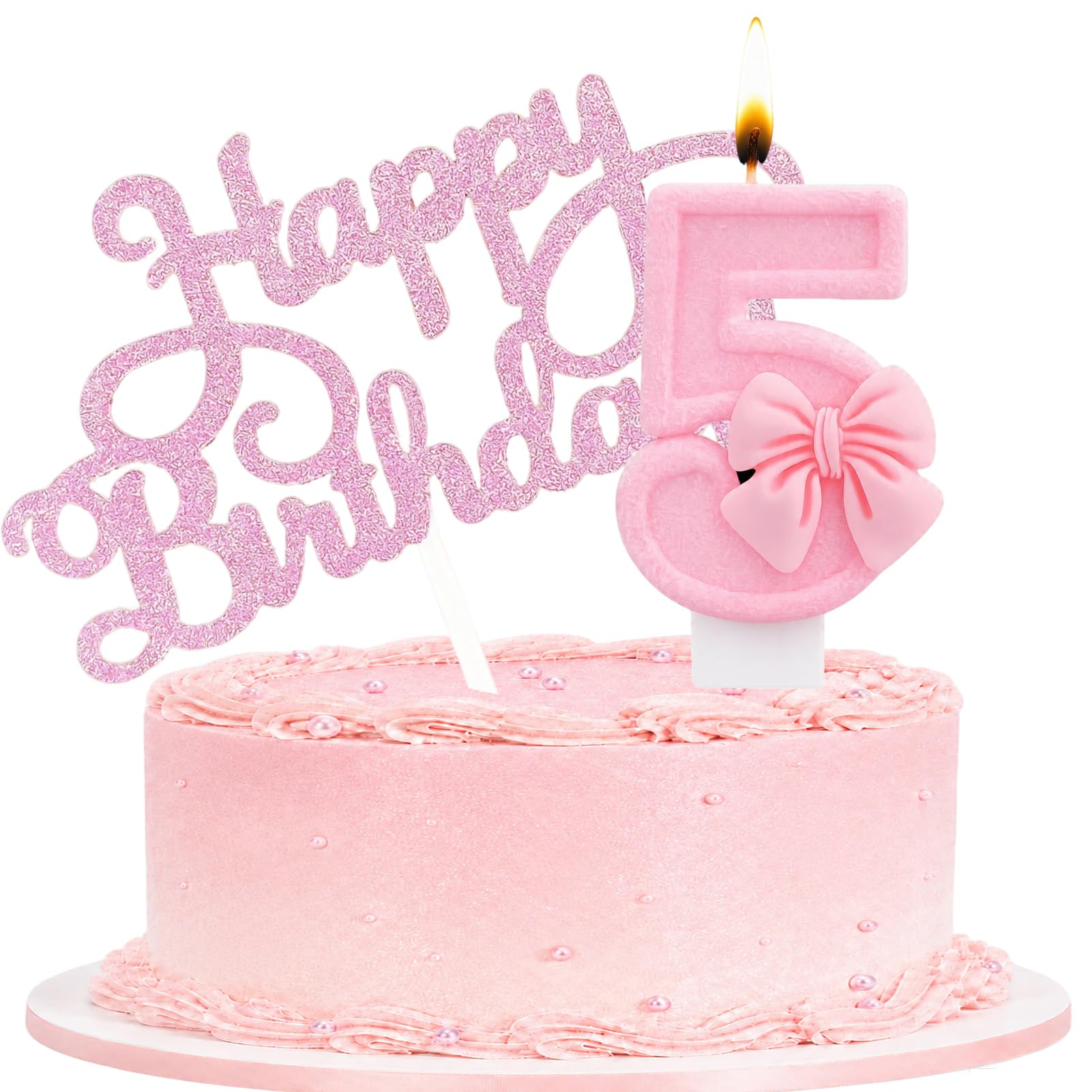 Birthday Candle with Pink Bow Cake Topper for Party, Number 5 โ image 1