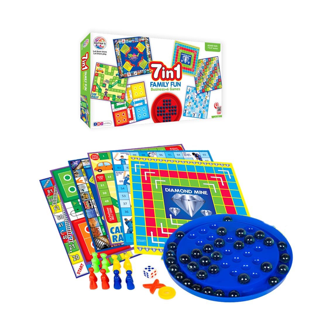 Ratna's 7 in 1 Family Board Game, Board Size: 6.5 Inches X 6.5 Inches & 8 Inches X 8 Inches|Brainvita,Ludo,Snakes & Ladders,Business,Car Rally,Diamond Mine,Cricket