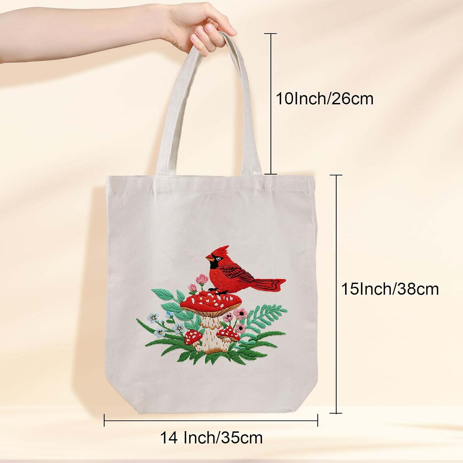 Louise Maelys Embroidery Kit, Cardinal Mushroom Canvas Tote Bag Craft Set image 3