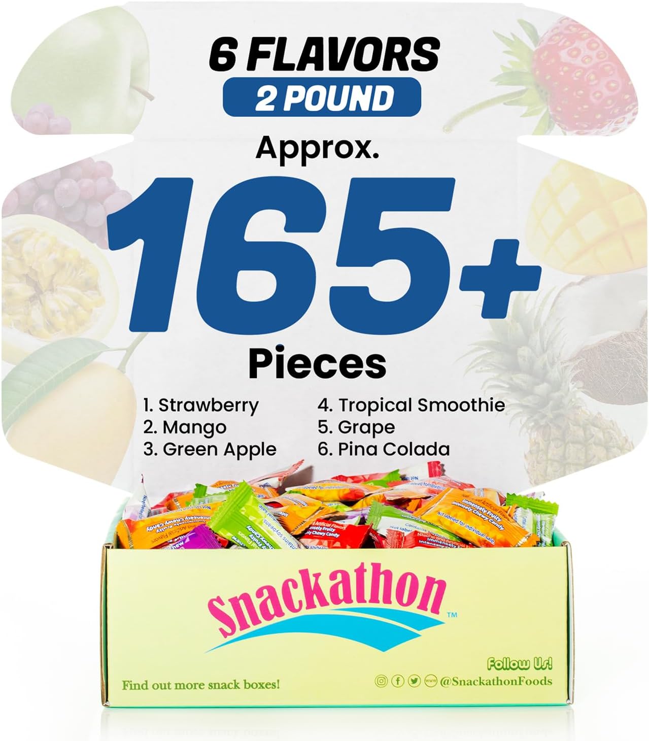 Fruit Chew 6 Flavors, Bulk 165+ Pieces, 2 Pound (Fruit Strawberry, Mango, Green Apple, Grape, Tropical Smoothie, Pina Colada) (6 Flavors, 2 Pound)
