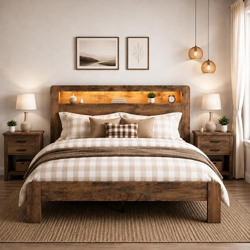 Queen Bed Frame with Wooden Headboard, Storage Shelf & LED Lights | Modern Farmhouse Wooden Platform Bed with Storage Shelf, Metal Slat Support, No Box Spring Needed, Easy Assembly, Brown