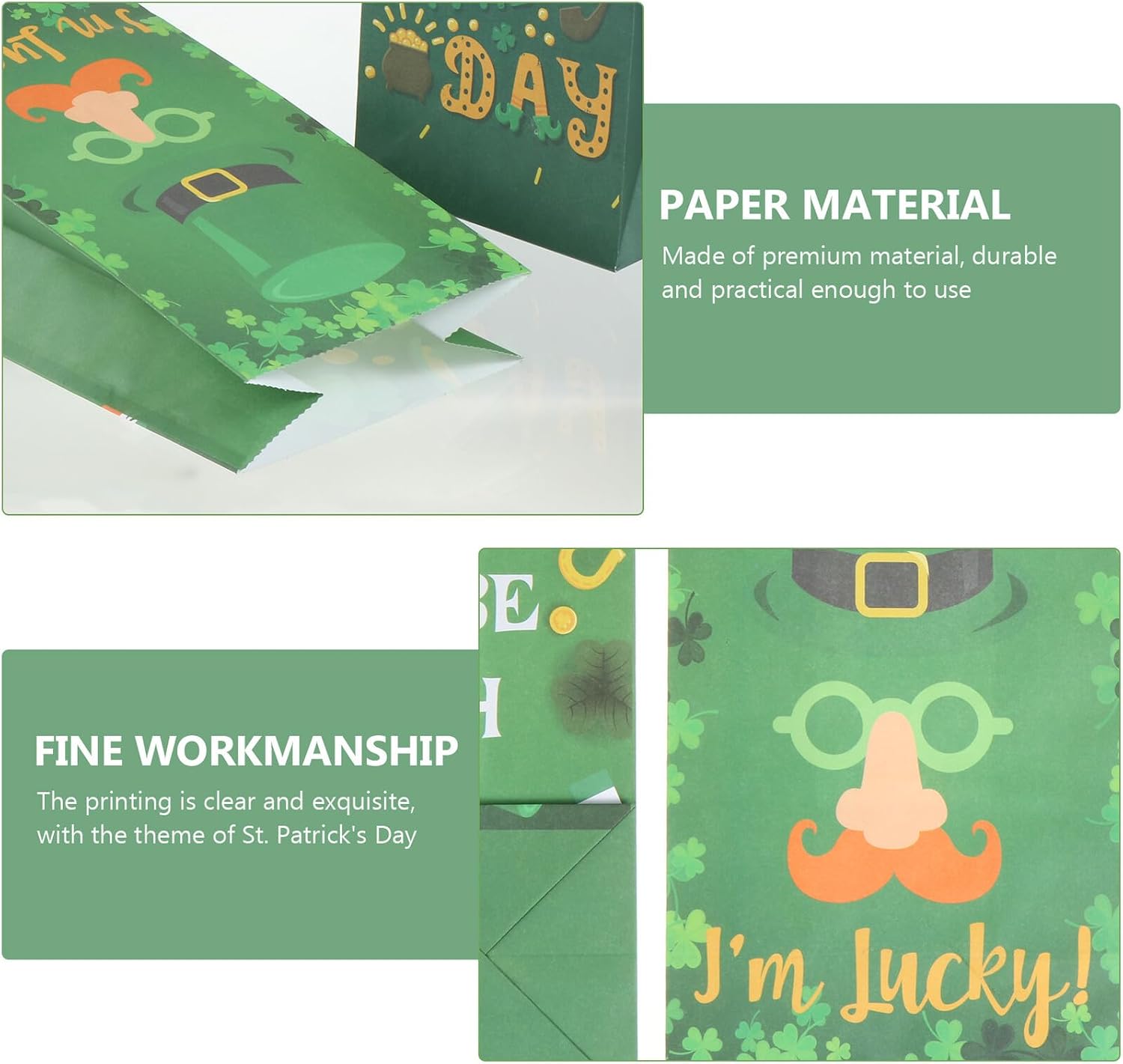 St Patrick’s Day Paper Candy Bags Set with 12 Sealing Stickers, Food Storage Pouches for Party Treats and Cookie Wrapping, Portable Baking Paper Bags for Holiday Packaging
