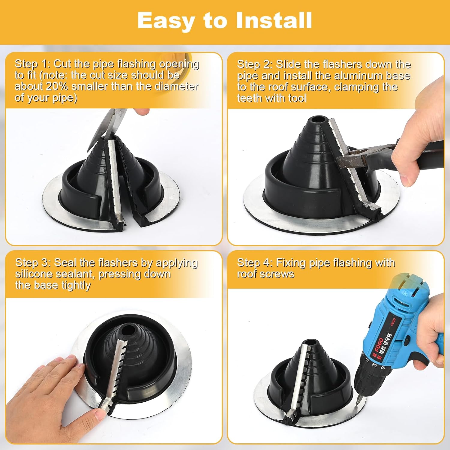 2PCS Pipe Flashing Boot, 3/4" - 2-3/4" EPDM Roof Pipe Flashing | Round Base Flexible Pipe Flashing, Easy Install Roof Vent Pipe Boot for Metal Roofs Repair
