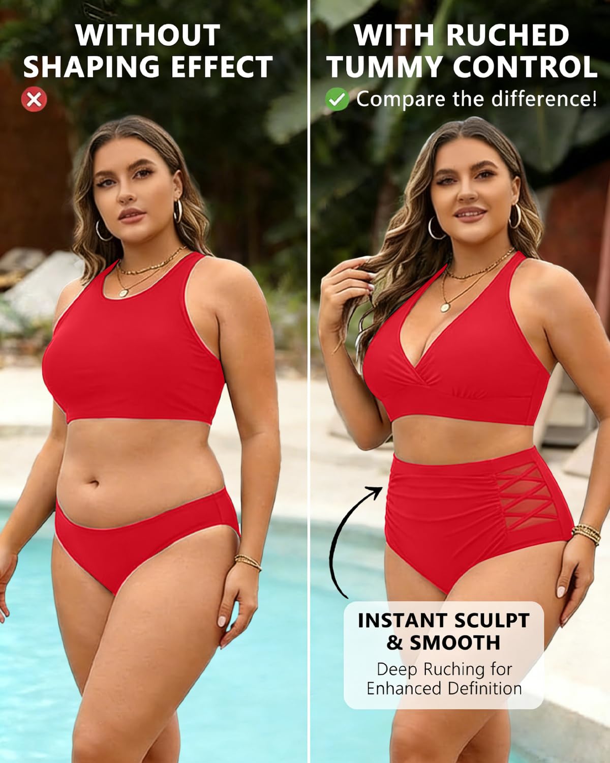 Yonique Bikinis pour femmes grandes tailles, maillots de bain taille haute, maillots de bain deux pièces, maillots de bain amincissants, Rouge, 16 Plus