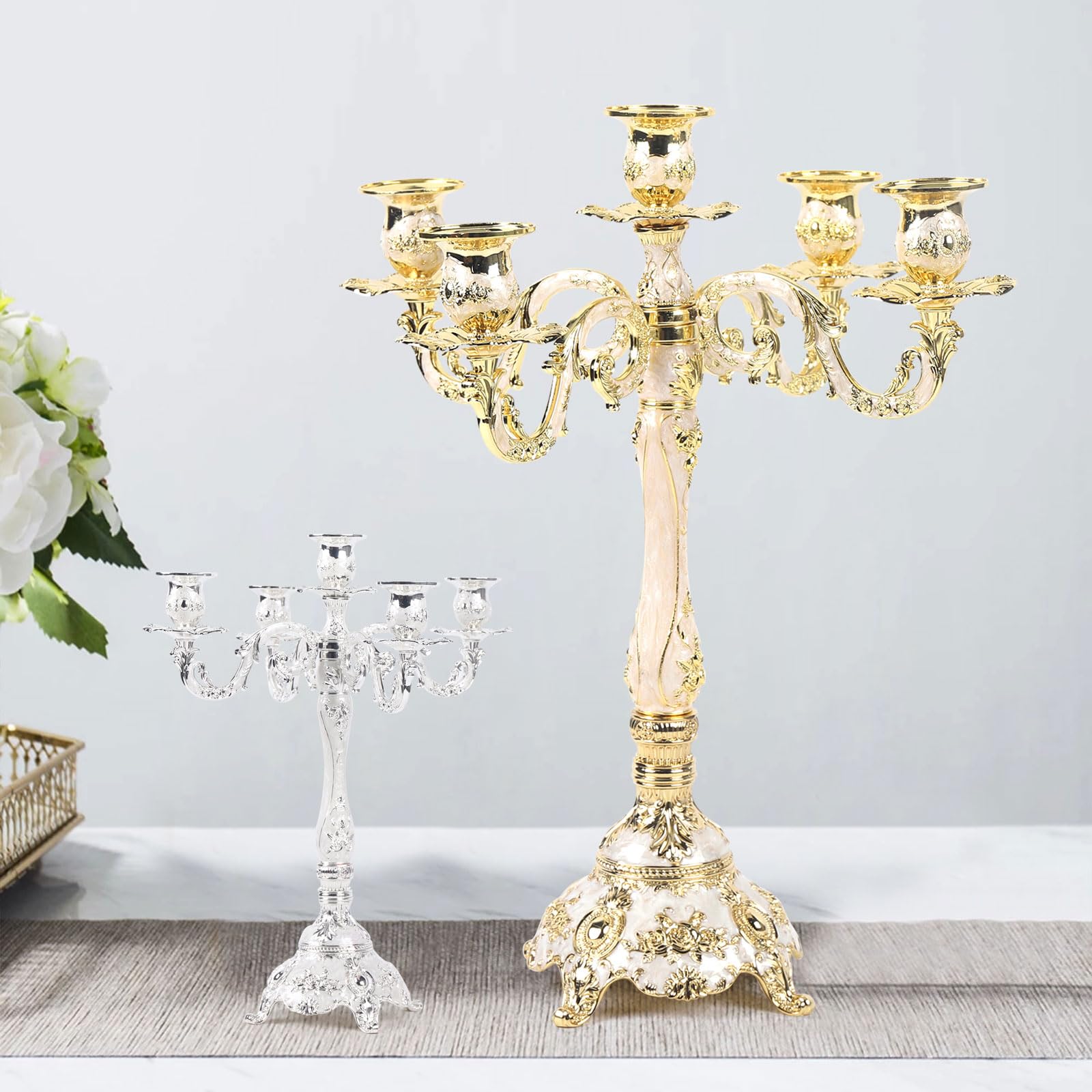 Fridgestea Gold 5-Arm Metal Candelabra For Taper Candles, Candle Holder 38 * 32Cm For Pillar Candles, Candlestick For Wedding/Centerpiece/Christmas/Home Decor/Fireplace (Gold)