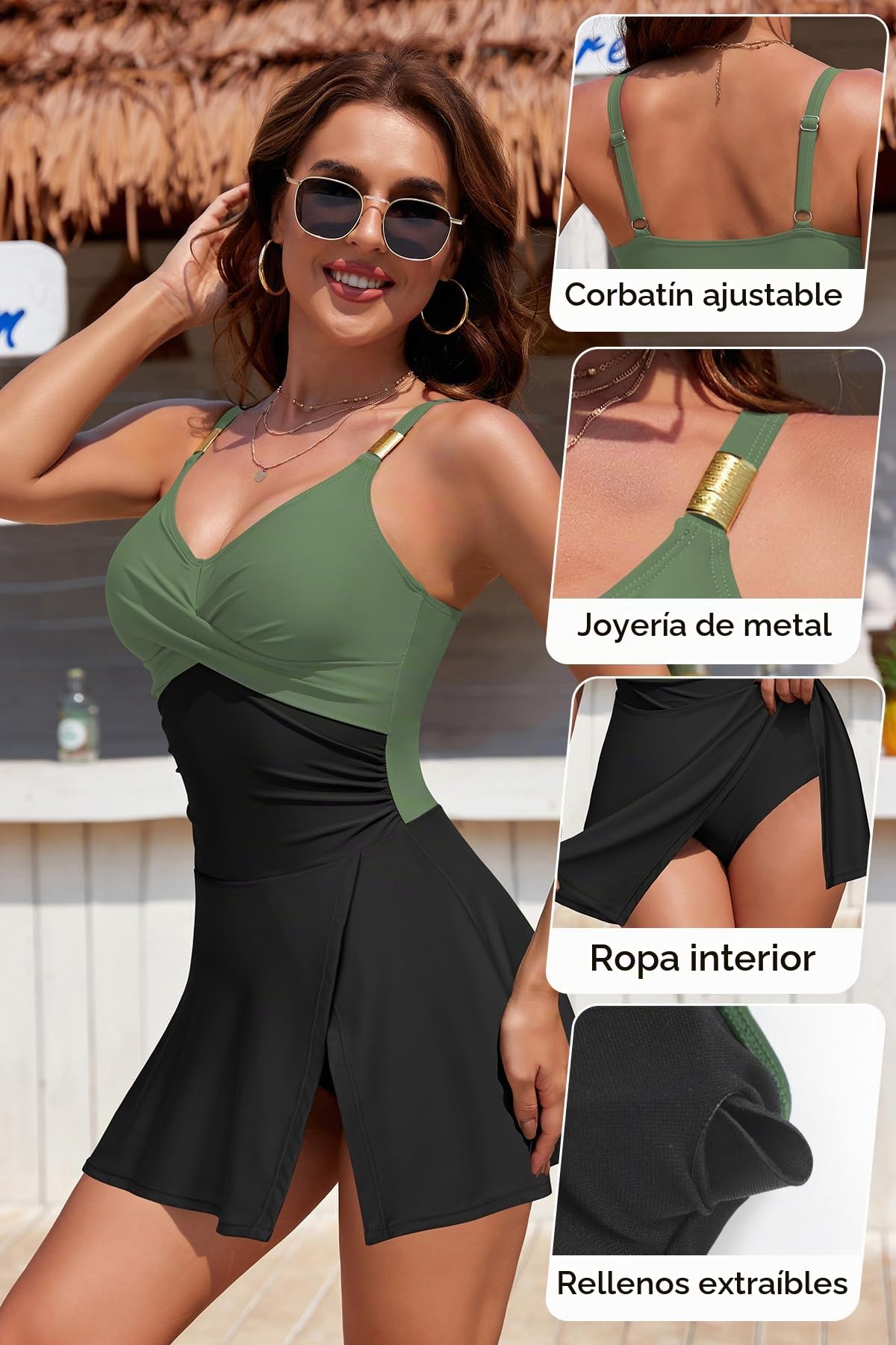 SHEKINI Traje de Baño para Mujer de Una Pieza Plisado con Aro de Metal Traje de Baño con Falda con Abertura