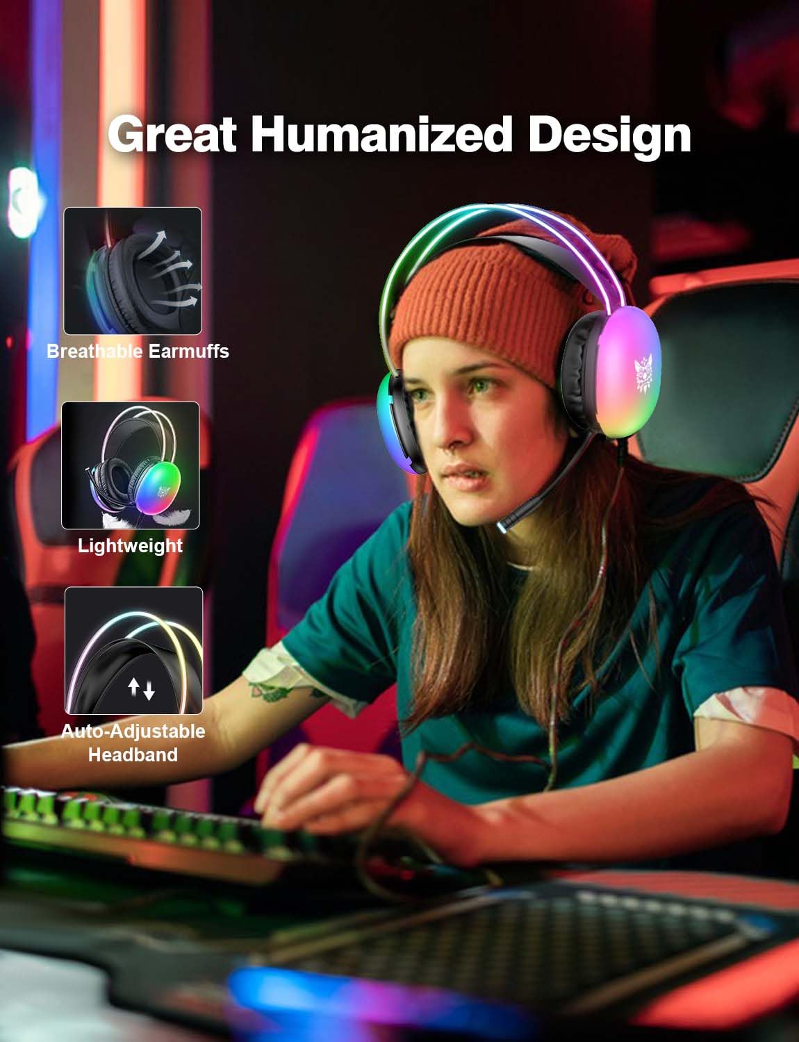 Amazon.co.jp: マイク付きゲーミングヘッドセット、RGBレインボー照明