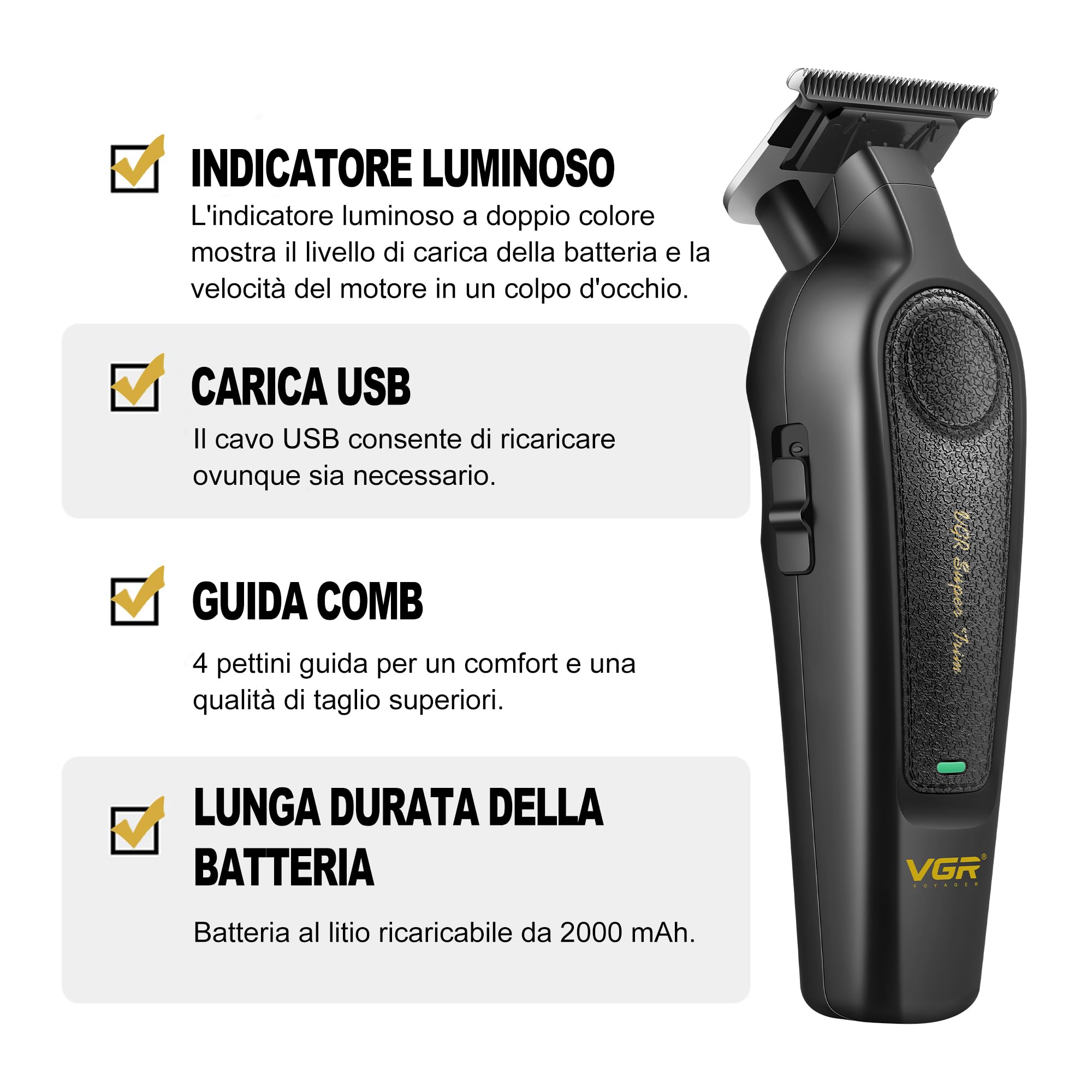 VGR 995 Tagliacapelli Professionale per Uomo, Tondeuse Zero Gap per Barberia, Tondeuse Senza Filo per Barba con 4 Pettini Guida, Tagliacapelli di Precisione, Ricarica USB-C