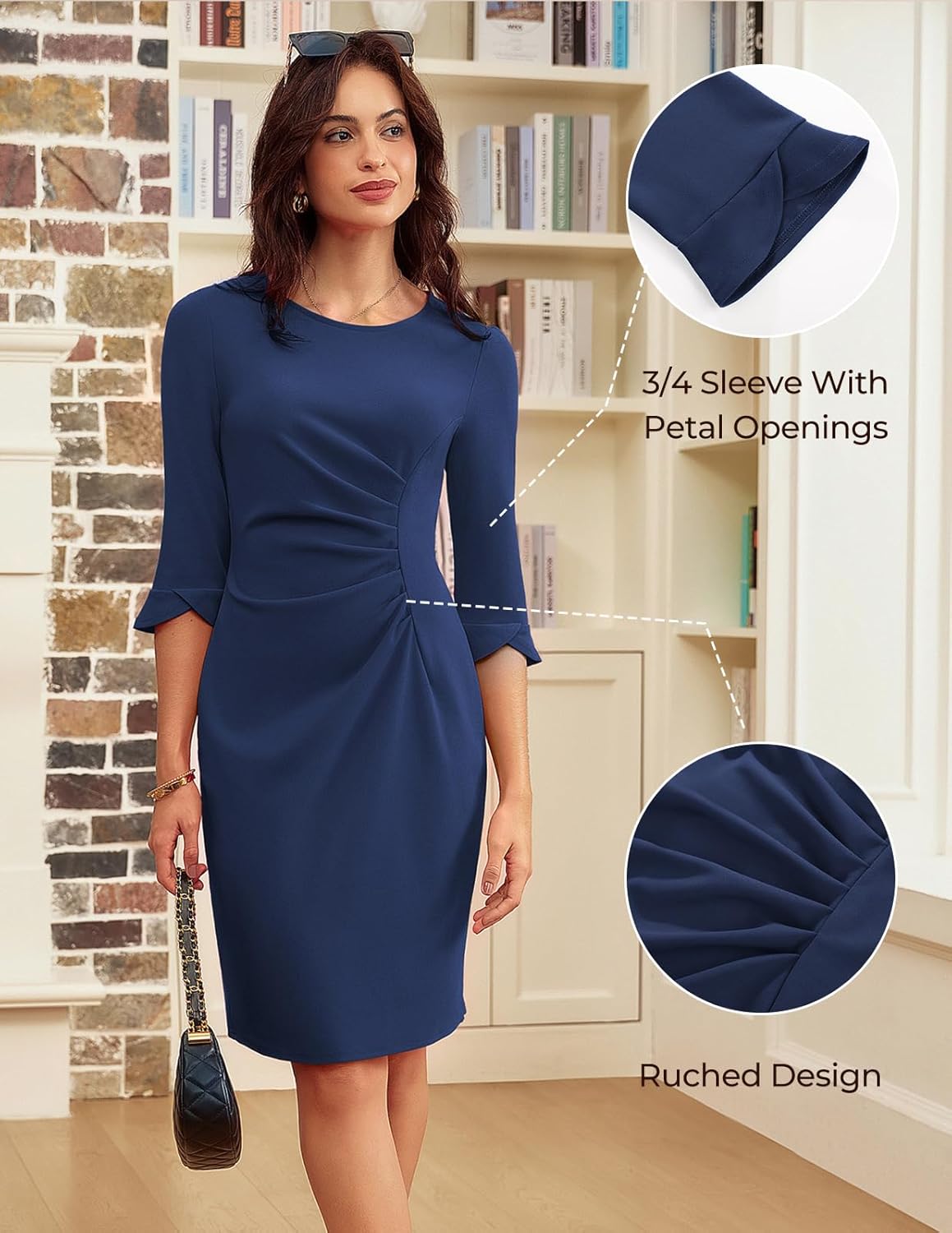 GRACE KARIN Work Dresses for Women 2025 3/4 Sleeve Sheath Business Dress Ruched Bodycon Office Cocktail Dress - Image 4