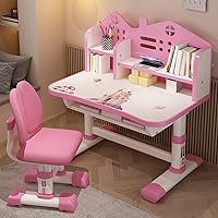 Vista 2 de Small Desk, Desk Chair Set, Widened Desktop Multi Separation Cartoon Pattern Kids Adjustable Height Study Table with Drawer Chair(Pink)