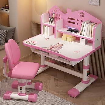 Reheyre Desk and Chair Set for Kids Pink Desk Set with Adjustable Height Drawers and Storage Cartoon Pattern Learning Tables and Chairs for Kids Girls Pink 3712398