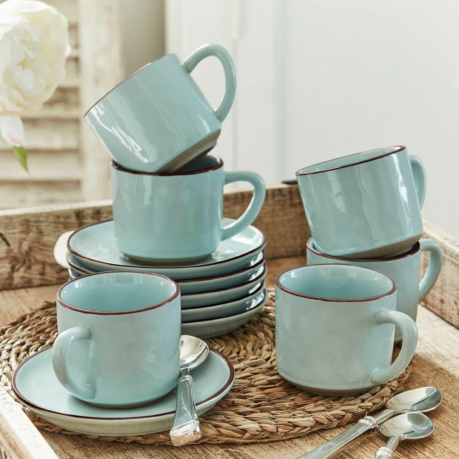 LOBERON Biarré Lot de 6 tasses et soucoupes - Très belle surface irrégulière - Style naturel authentique, turquoise