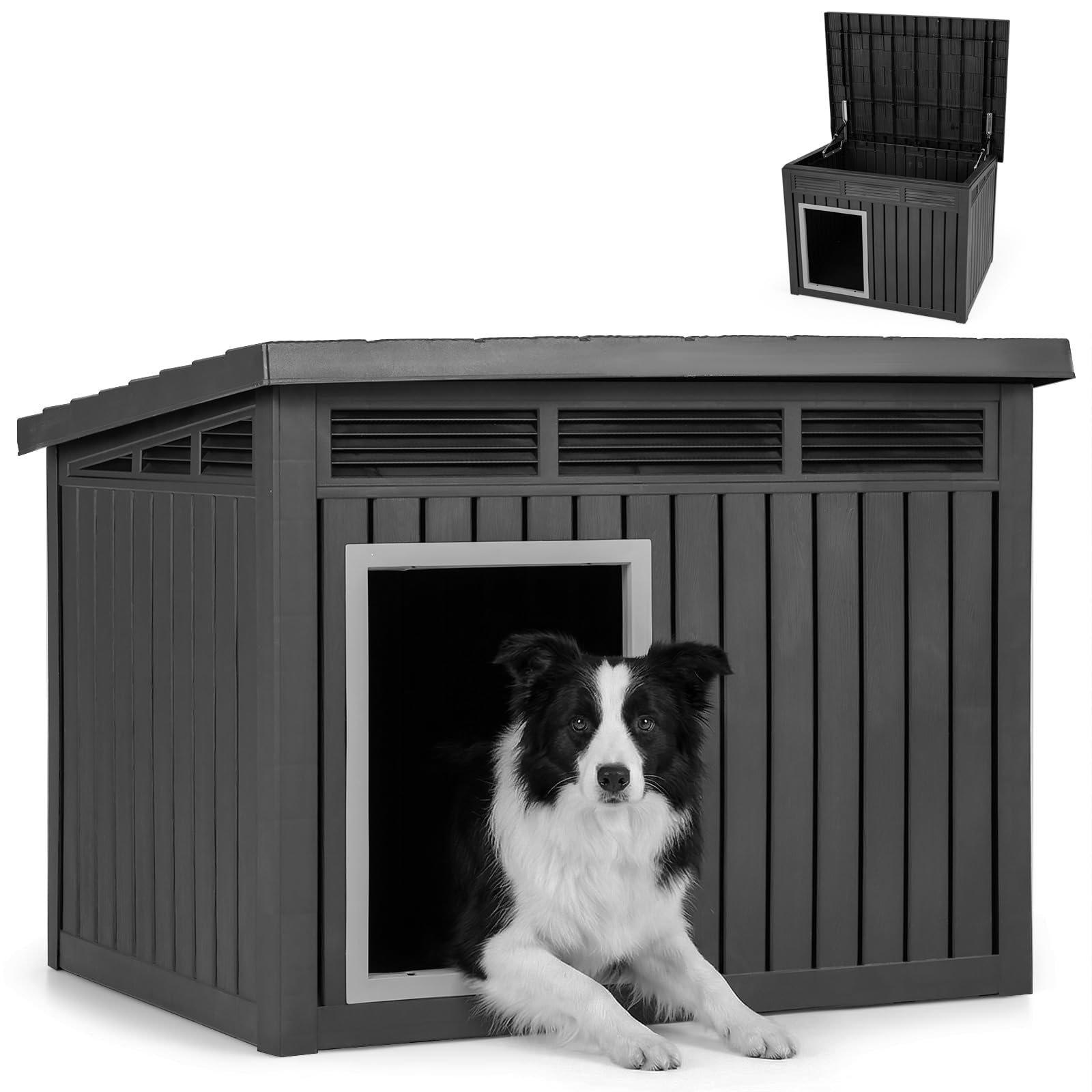 COSTWAY Caseta para Perros Exterior, Casa para Perros de Plástico con Puerta, Techo Inclinado Abatible, Rejillas de Ventilación, Mueble Perrera para Mascotas, 81 x 64 x 61 cm, Negro