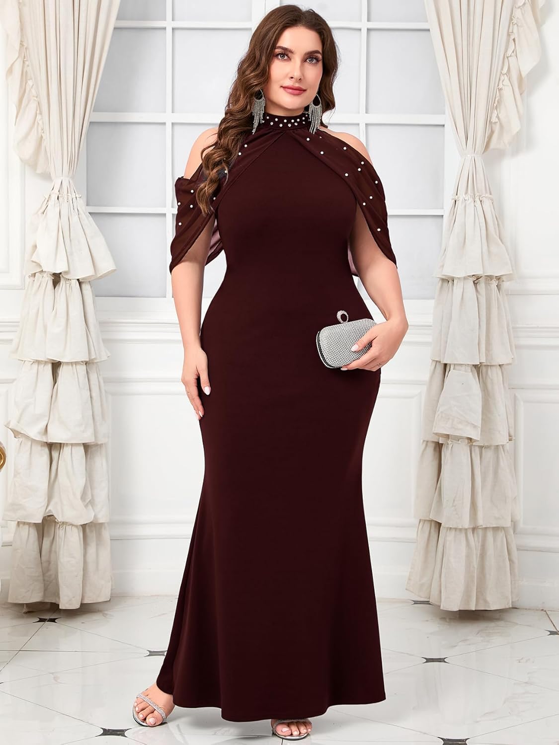 CYCLAMEN Plus Size Evening Gowns with Pearl Rhinestone Cold Shoulder Halter Neck Chiffon Curvy Mermaid Formal Maxi Dress - Image 3