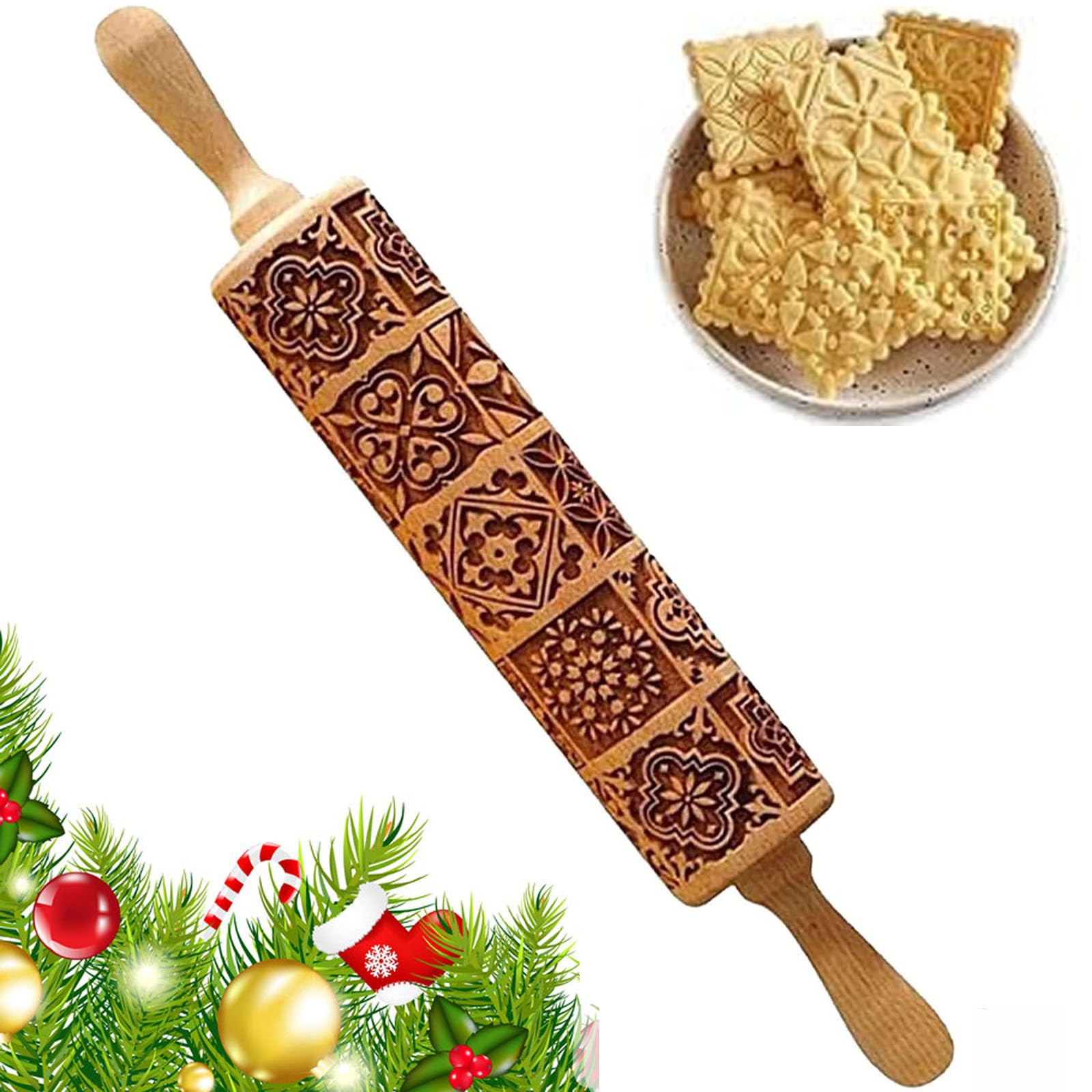 Rouleau à pâtisserie de Noël en bois gravé de Noël Rouleau à pâtisserie