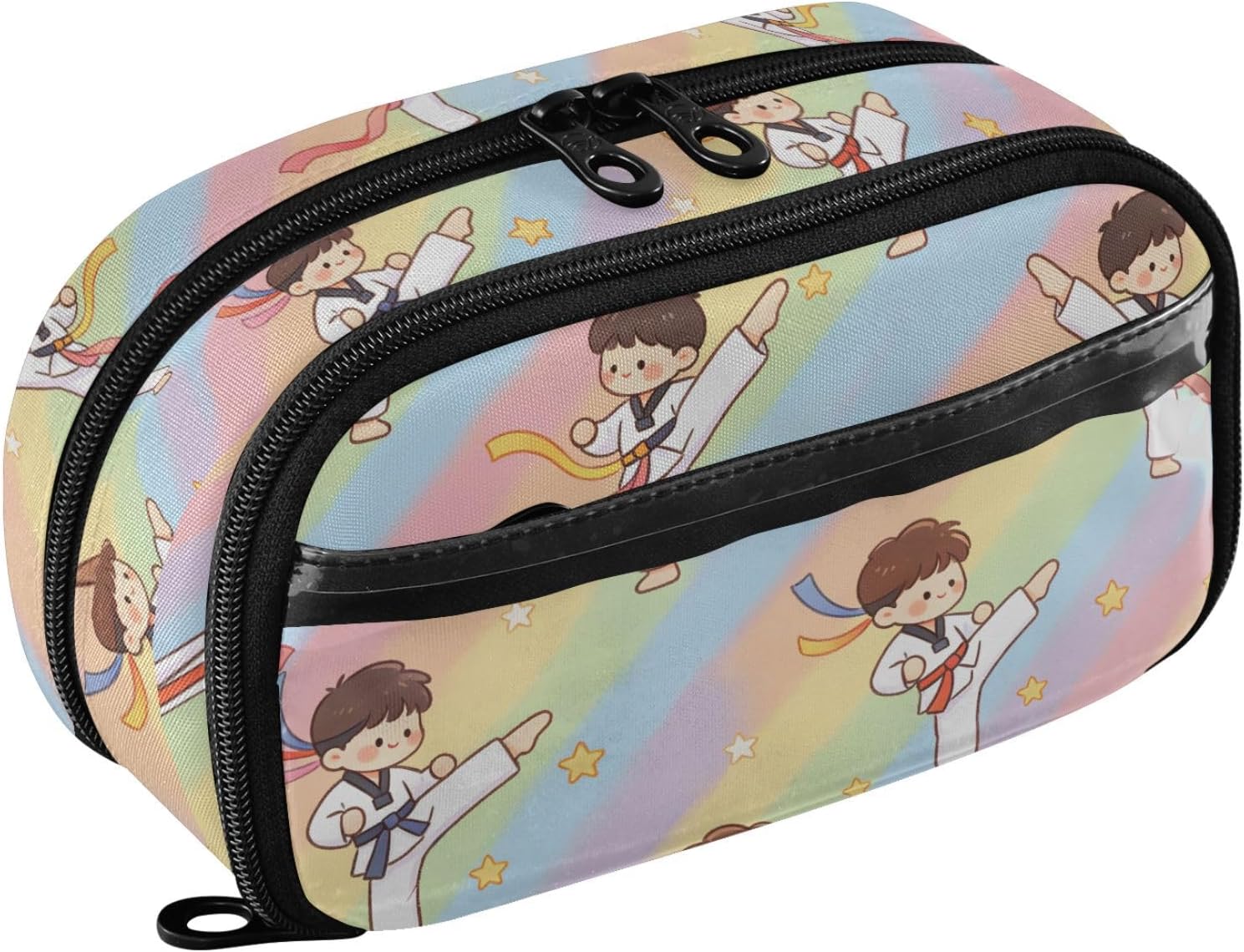 ALAZA Cartoon Taekwondo Pattern Large Capacity Pencil Case, Aesthetic Stationery Organizer Bag with Clear PVC Window, High Capacity Pen Pouch with Dividers for School Office Travel