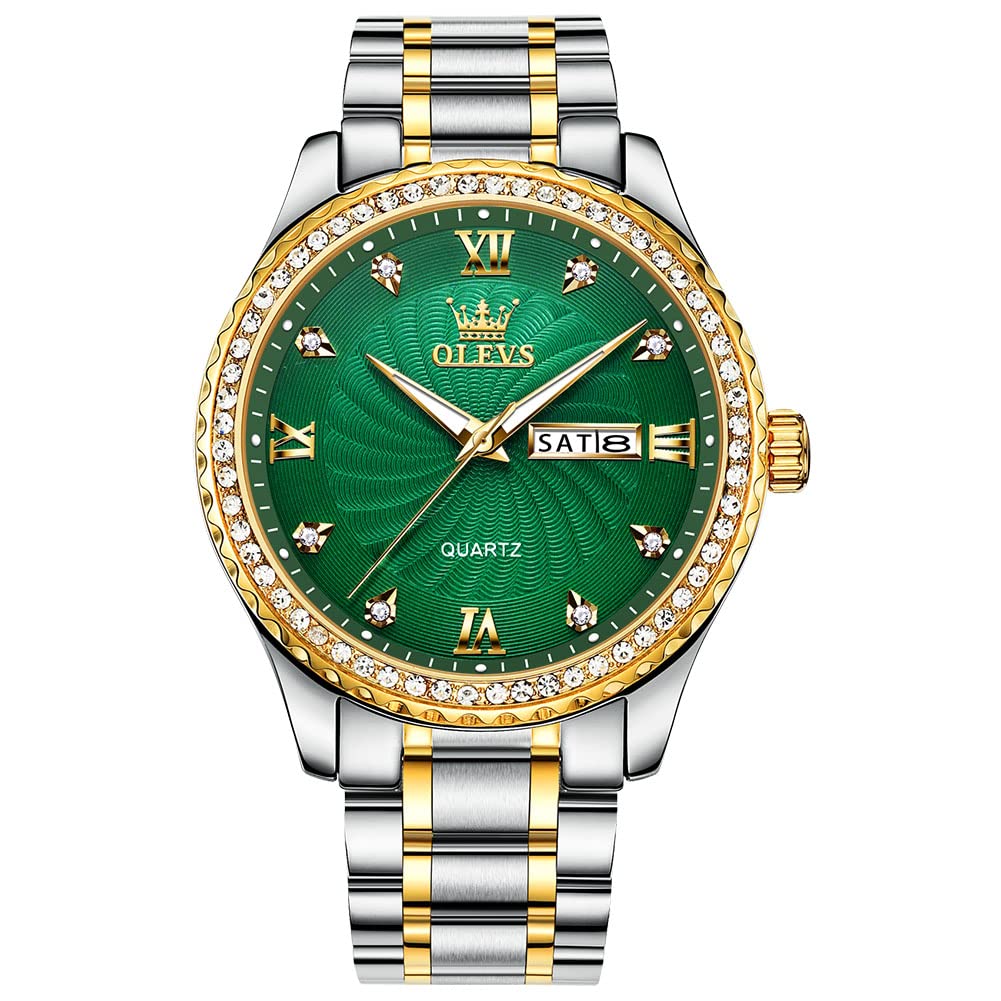 OLEVSMen's Simple Stainless Steel Watches, Large Face Diamond Analog Quartz Watches, Classic Waterproof Roman Arabic Numerals Male Dress Watches with Day and Date