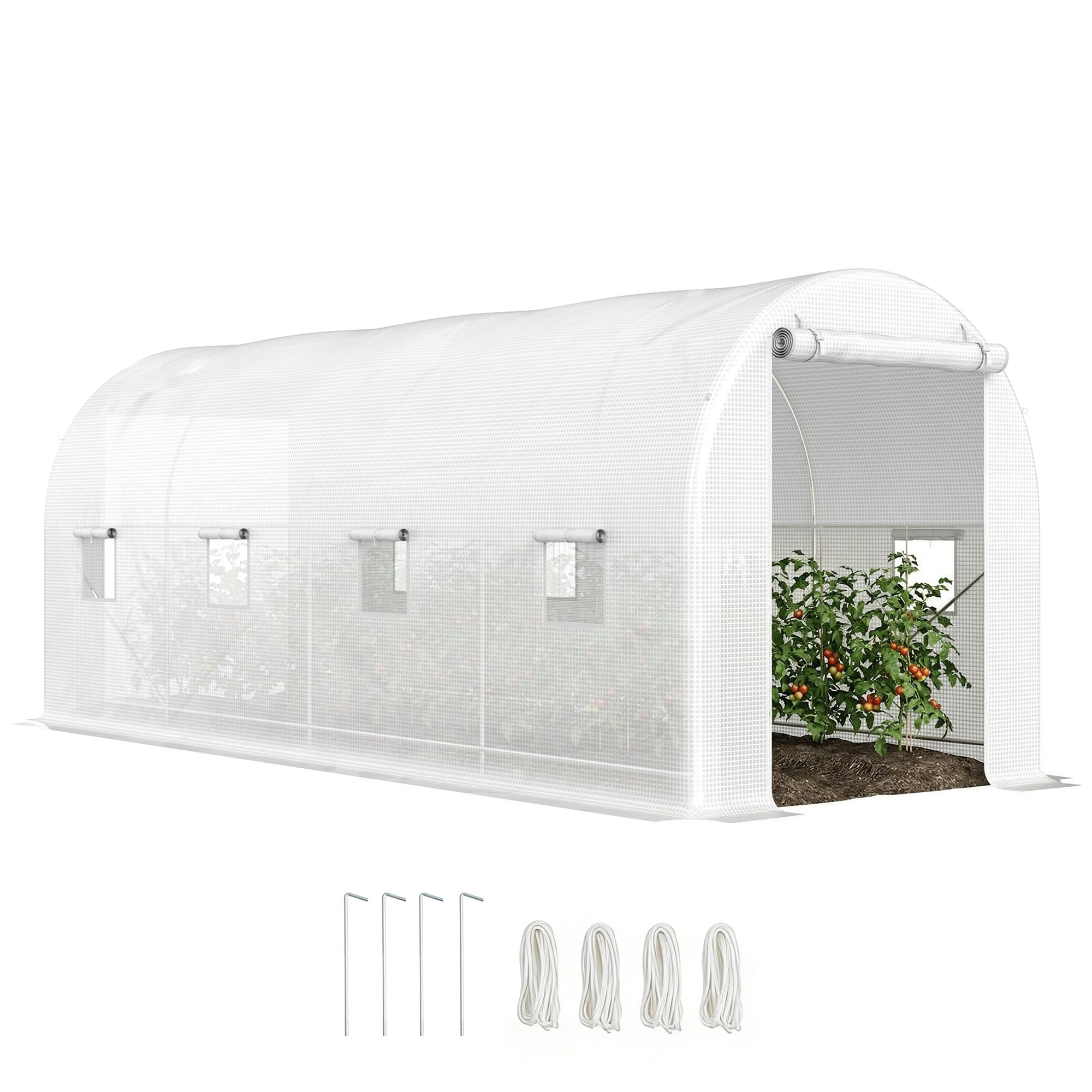 Outsunny Invernadero de Túnel 500x200x205 cm Invernadero de Jardín con Puerta Enrollable y 8 Ventanas Cubierta PE 140 g/m² Marco de Metal para Cultivo Plantas Verduras Blanco