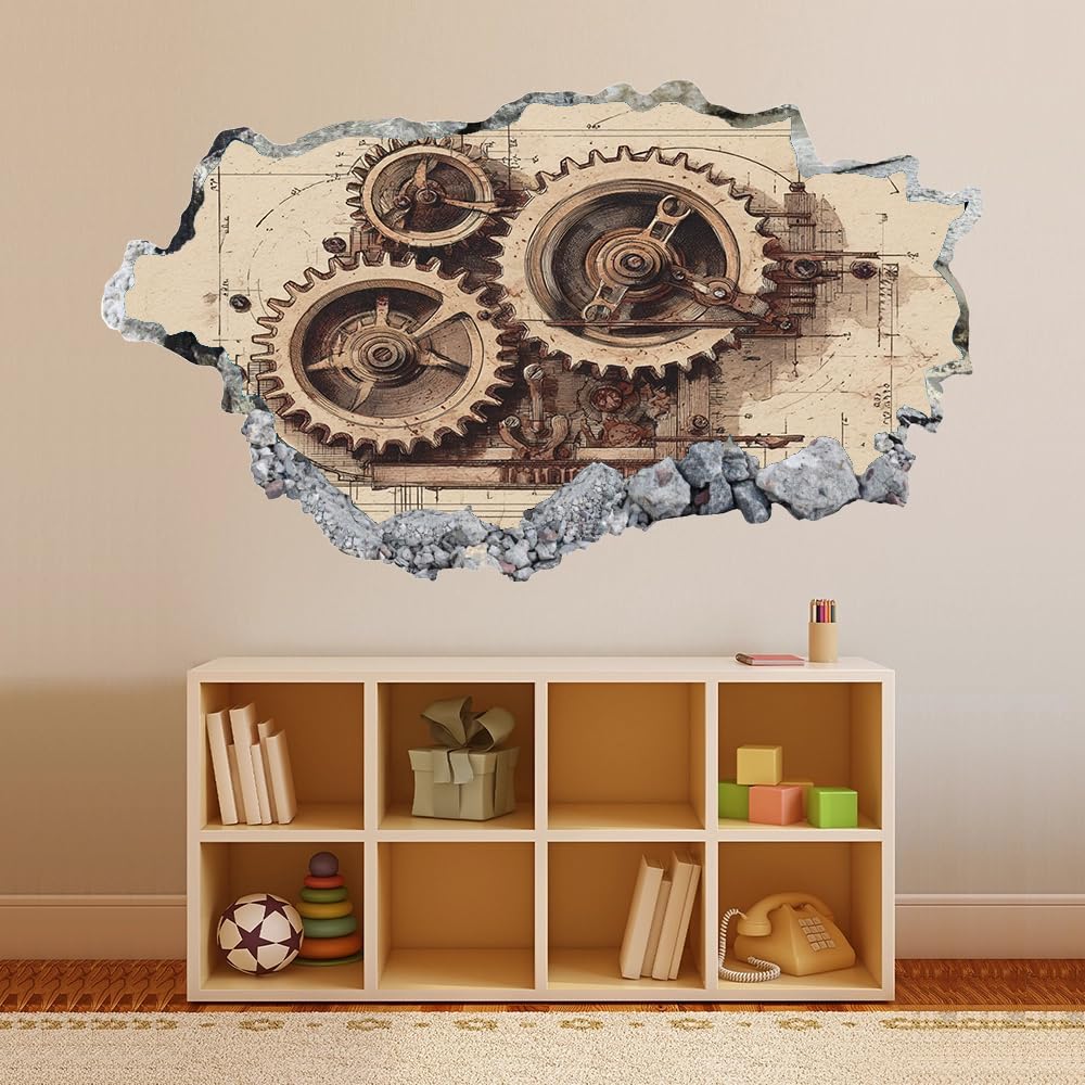 3D Wandtattoo Wanddurchbruch, Gang Durchbruch Wandaufkleber für Kinderzimmer, sticker für Wohnzimmer, Retromechanisch Wandsticker, Wandbild Junge Mädchen Schlafzimmer