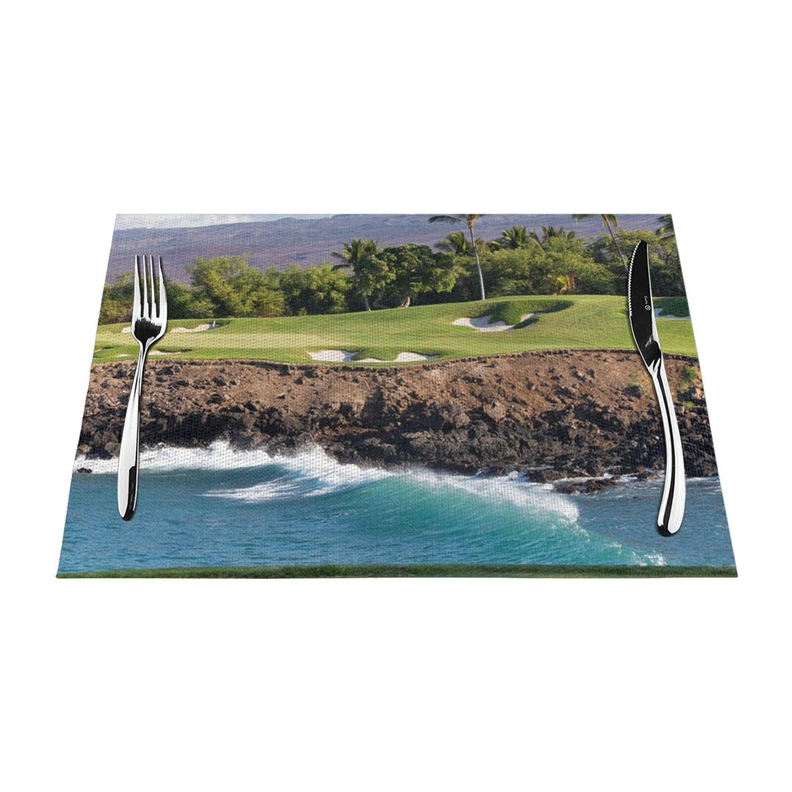PVC Placemat Set of 6 PCS, 45x30 CM, Hawaii Beach Golf Course Printed Non-Slip Heat Resistant Place Mats for Kitchen Dining Table Indoor Outdoor