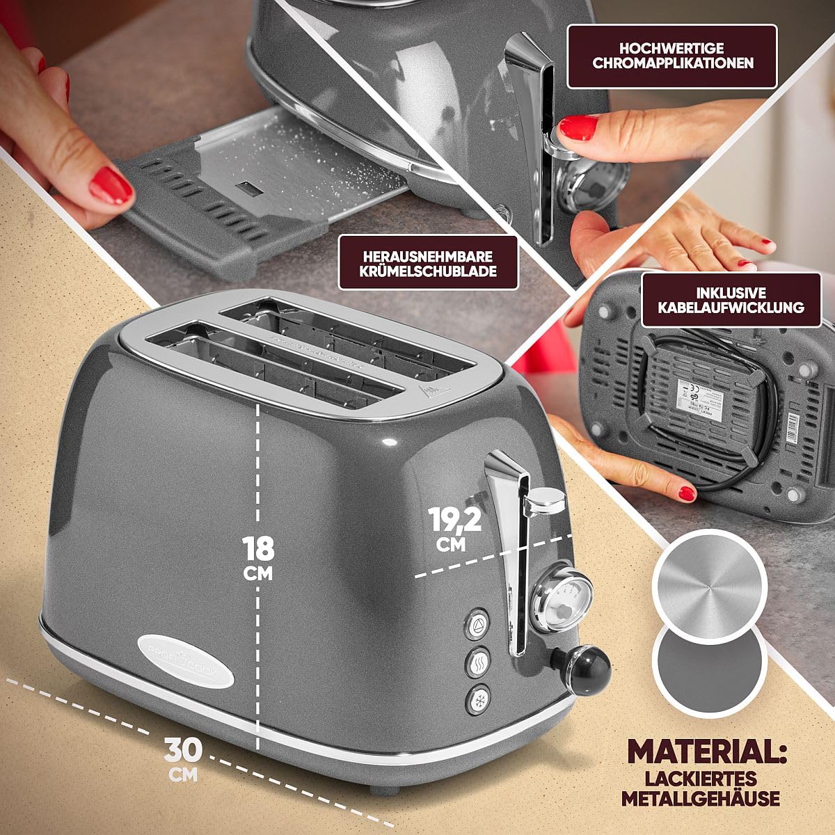 ProfiCook Tostapane Vintage a 2 Fette - Design Elegante Con Ampia Fessura e Cassa in Metallo Massiccio - Retrò Con Portapane - PC TA 1193 Antracite