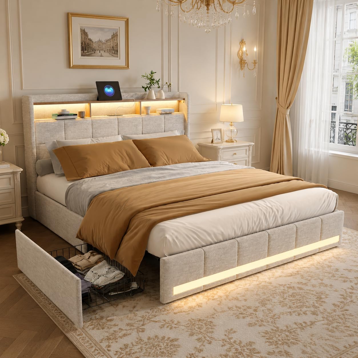 Lit Double 160x200 avec Sommier et LED, Cadre de Lit avec 4 Tiroirs de Rangement, Lits Rembourré avec USB et Type-C, Lit Capitonné, Lit 2 Personnes pour Adolescents, Lin(Beige-Lin A, 160*200)
