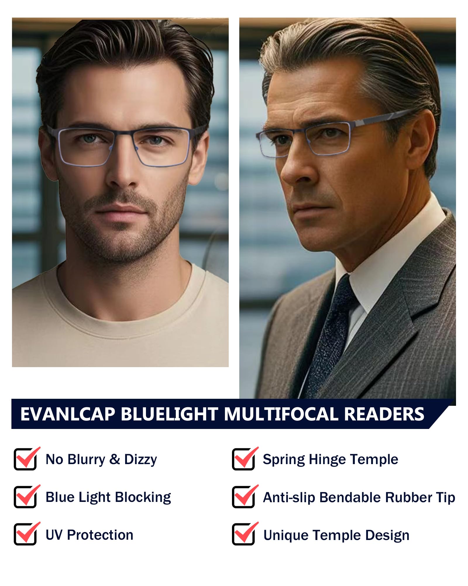 Progressive Multifokus-Lesebrille für Herren, blaues Licht, blockierende Computerleser, Multifokal-Brillen, 2 Stück